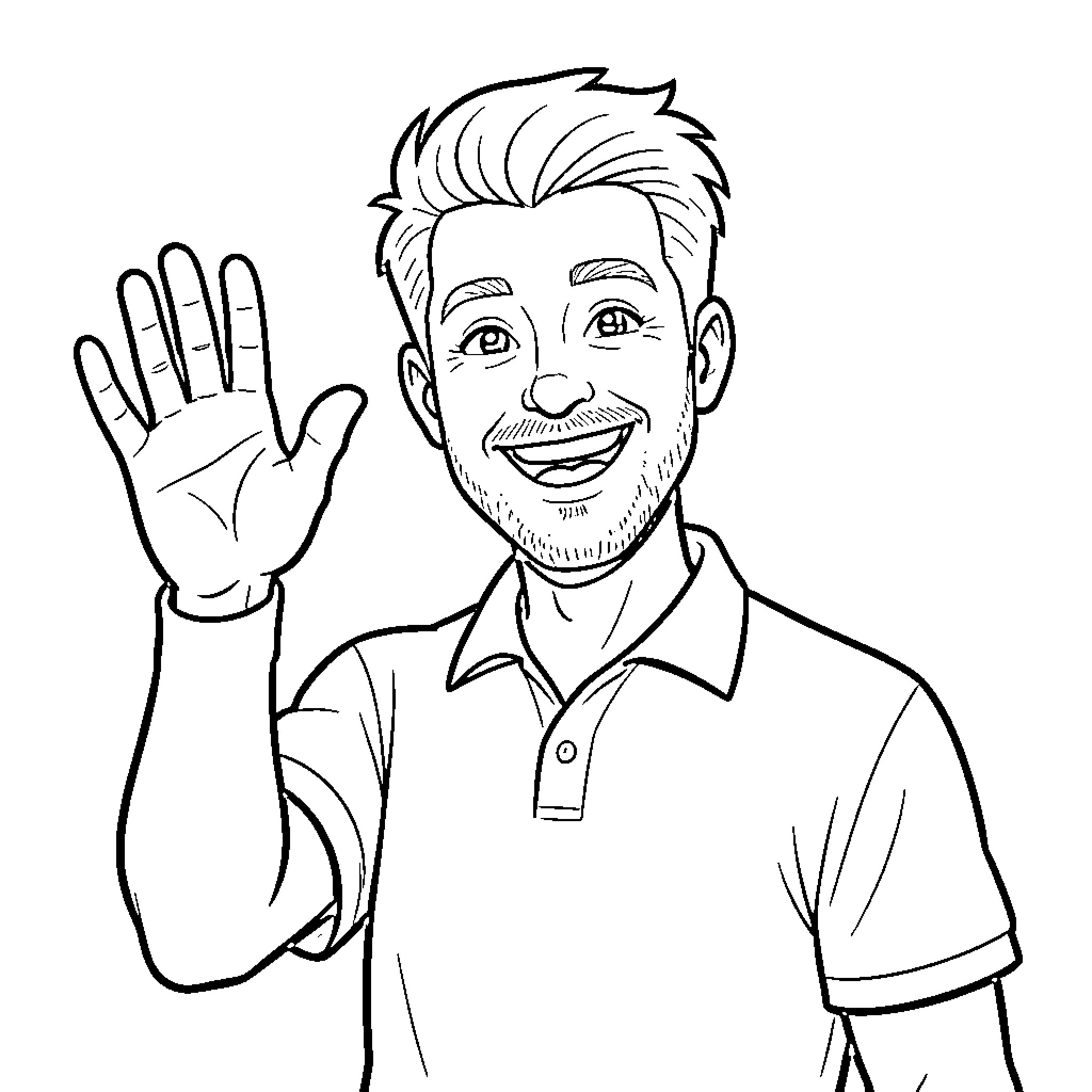 Man gesturing and smiling happily Coloring Page (free black-and-white line drawing printable PDF for all, from beginners to advanced learners, including children, teens, adults, and seniors)
