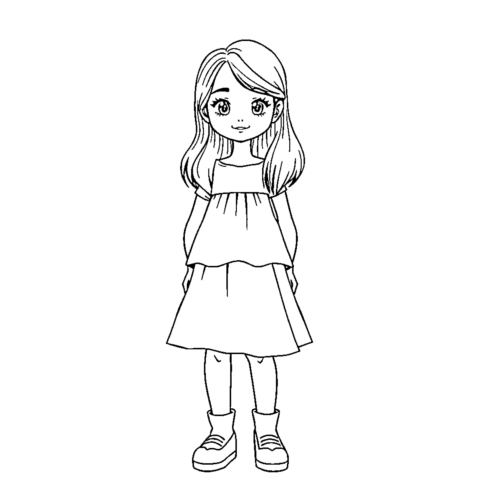 Girl in casual dress standing with confidence Coloring Page (free black-and-white line drawing printable PDF for all, from beginners to advanced learners, including children, teens, adults, and seniors)