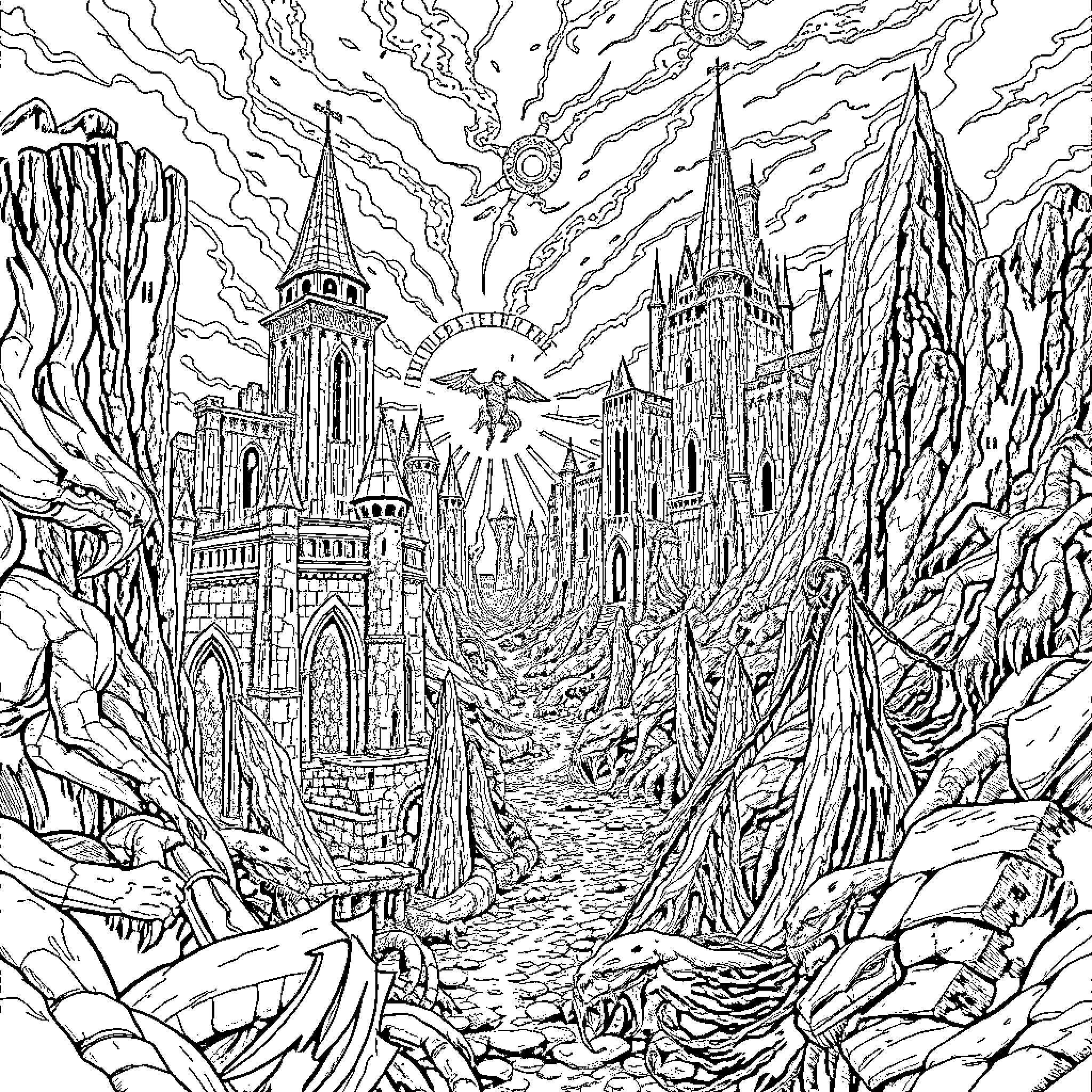 Elden Ring: Majestic Castles and Ethereal Landscapes Coloring Page (free black-and-white line drawing printable PDF for all, from beginners to advanced learners, including children, teens, adults, and seniors)
