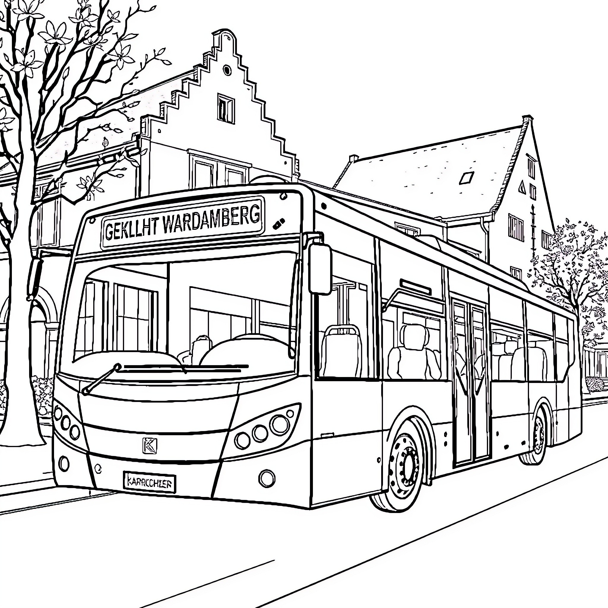 Bus with passengers on city street Coloring Page (free black-and-white line drawing printable PDF for all, from beginners to advanced learners, including children, teens, adults, and seniors)