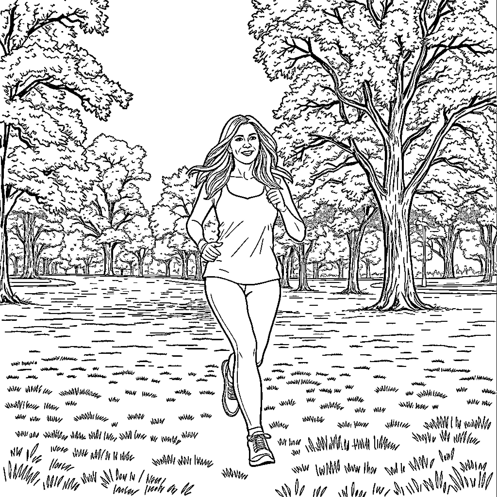 Jennifer Aniston enjoying a peaceful stroll in nature Coloring Page (free black-and-white line drawing printable PDF for all, from beginners to advanced learners, including children, teens, adults, and seniors)