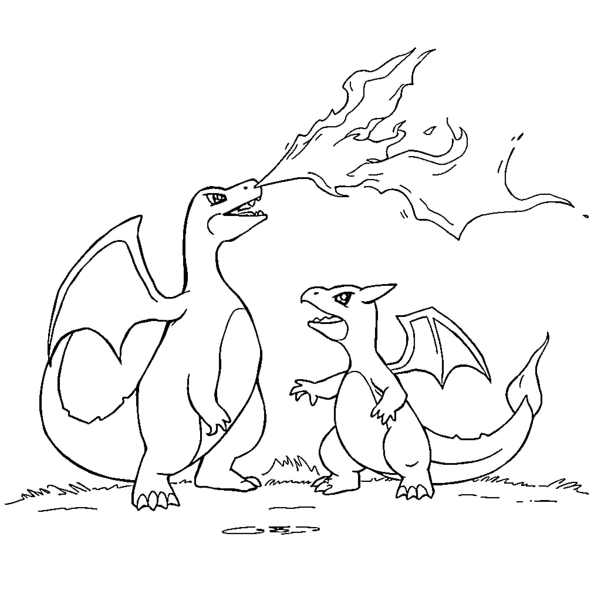 Charizard duo fiercely exhaling fire Coloring Page (free black-and-white line drawing printable PDF for all, from beginners to advanced learners, including children, teens, adults, and seniors)