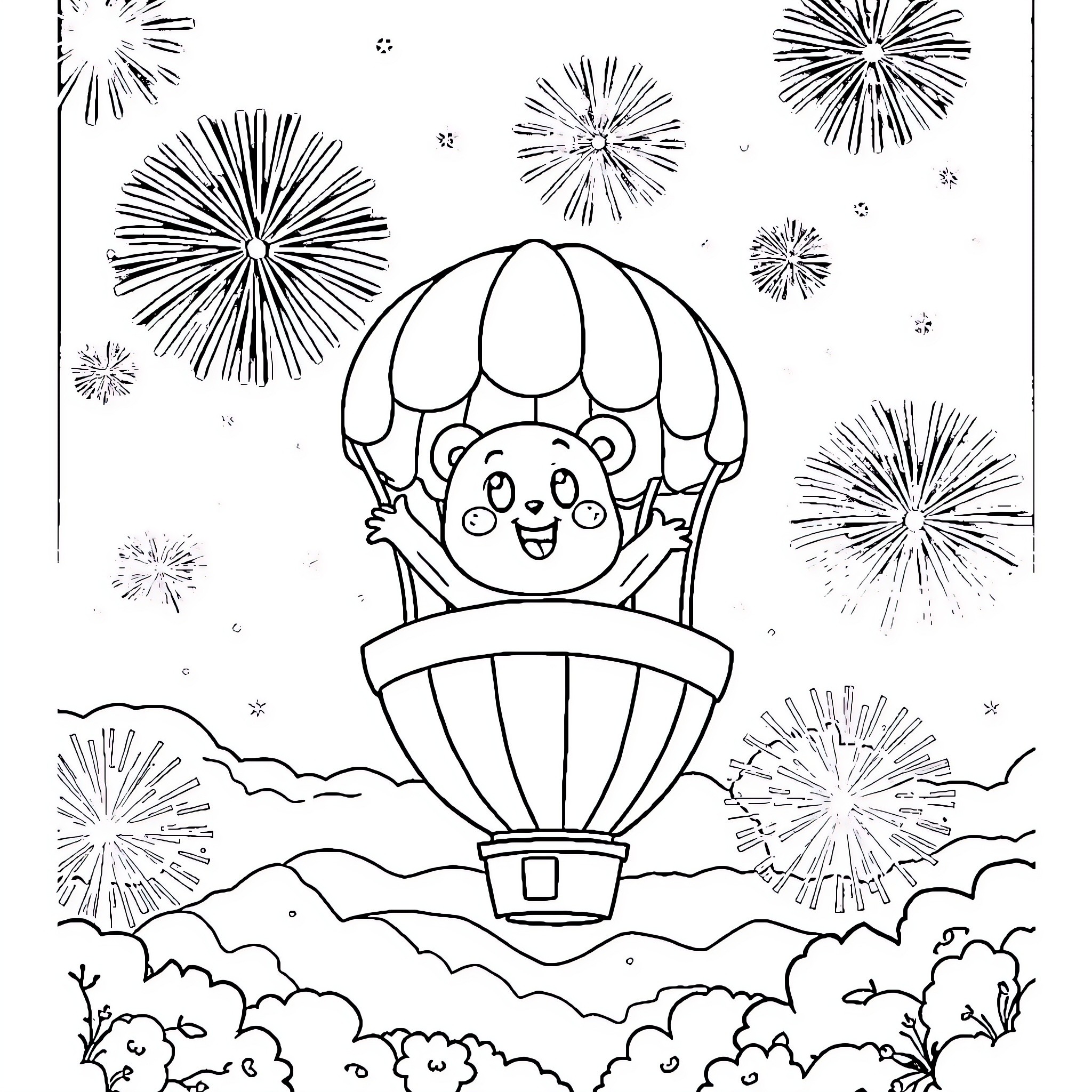 Bluey's Playful Hot Air Balloon Adventure Coloring Page (free black-and-white line drawing printable PDF for all, from beginners to advanced learners, including children, teens, adults, and seniors)