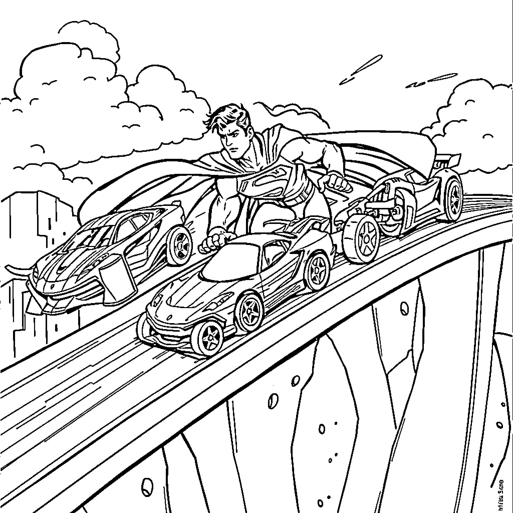 Superman racing toy cars on a perilous track Coloring Page (free black-and-white line drawing printable PDF for all, from beginners to advanced learners, including children, teens, adults, and seniors)
