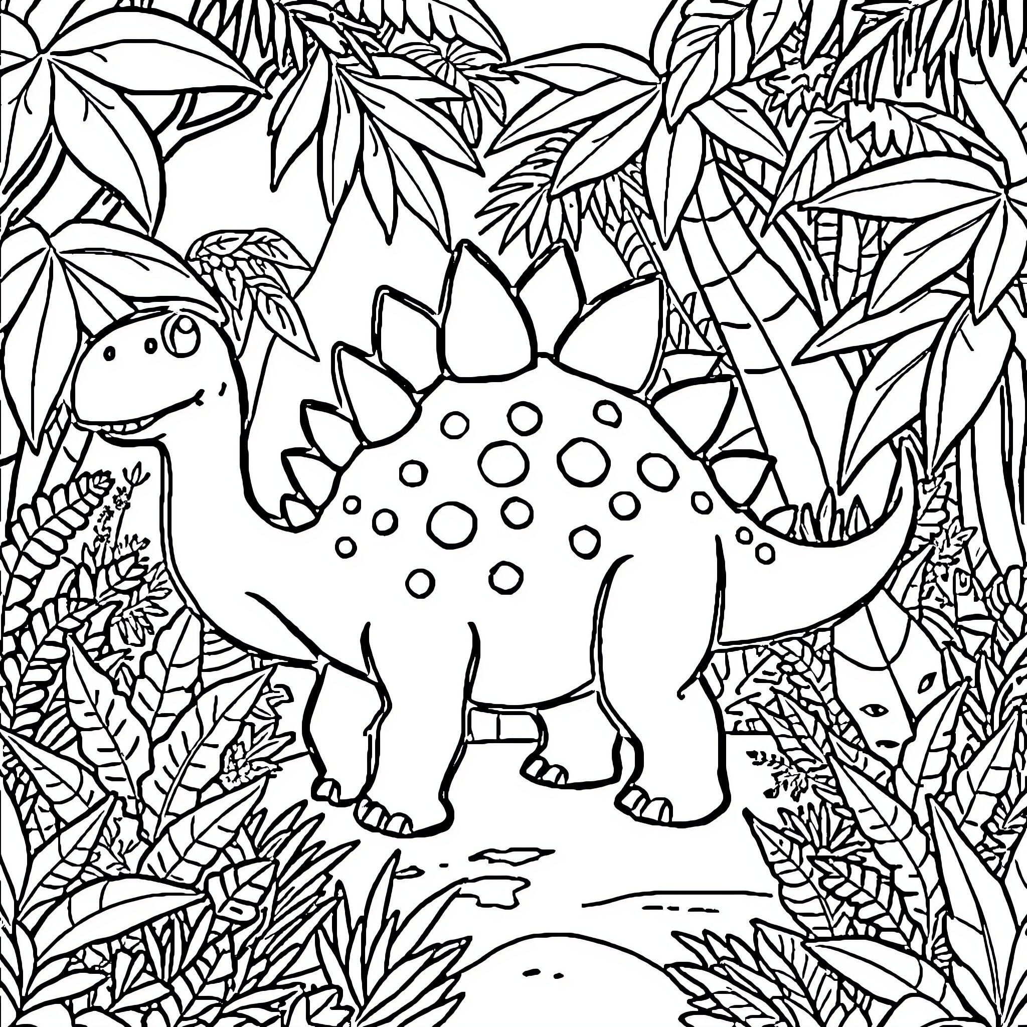 Stegosaurus exploring the prehistoric jungle Coloring Page (free black-and-white line drawing printable PDF for all, from beginners to advanced learners, including children, teens, adults, and seniors)