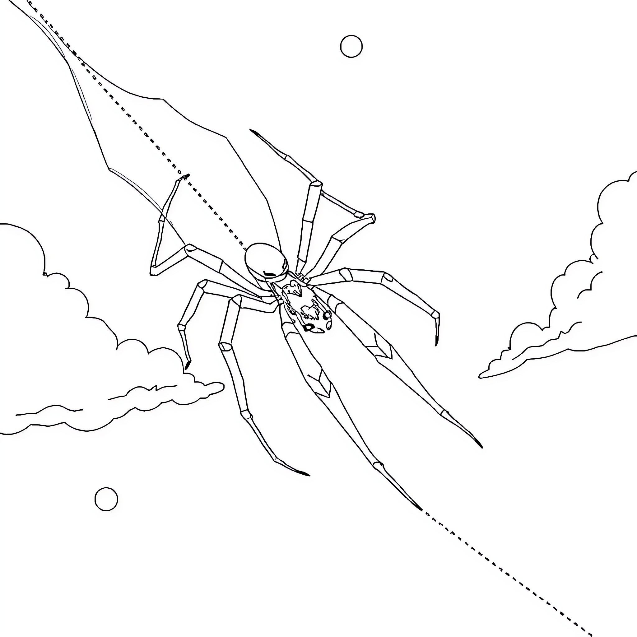 Spider Lady soaring through the night sky Coloring Page (free black-and-white line drawing printable PDF for all, from beginners to advanced learners, including children, teens, adults, and seniors)