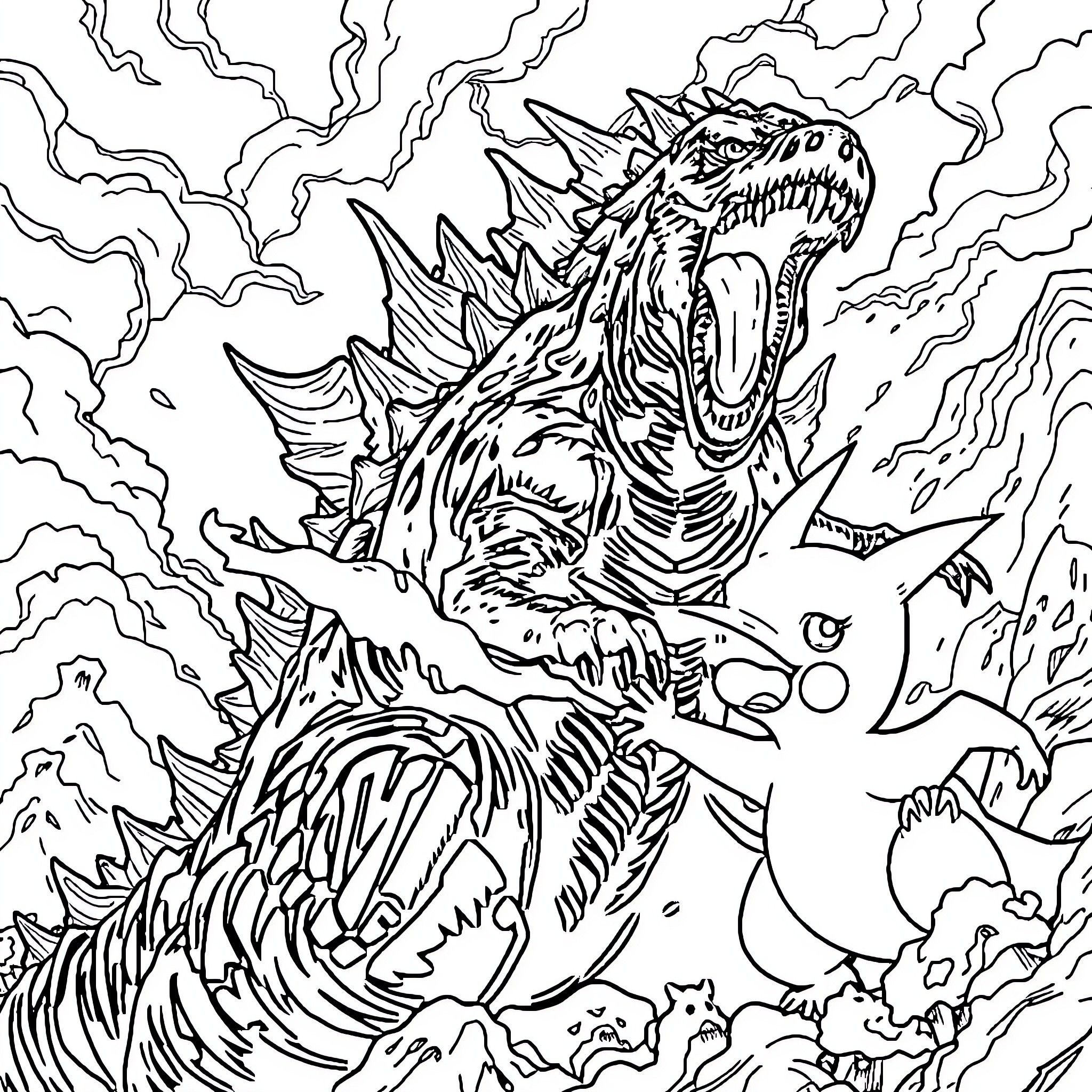 Godzilla's Fearsome Rampage Through the Clouds Coloring Page (free black-and-white line drawing printable PDF for all, from beginners to advanced learners, including children, teens, adults, and seniors)