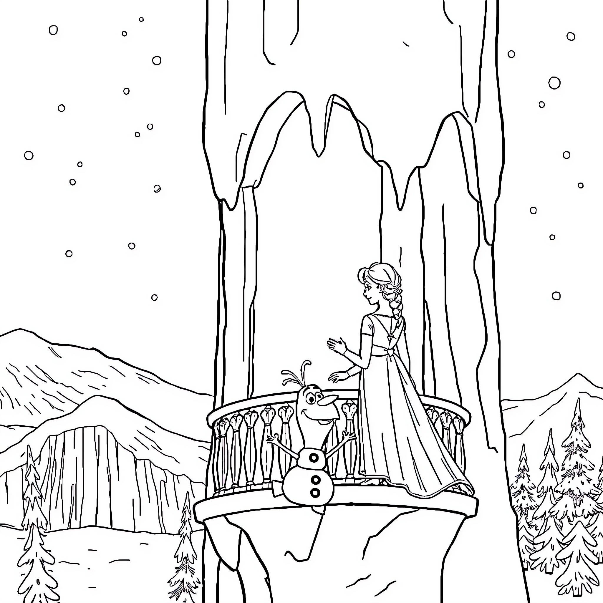 Elsa enjoying a winter wonderland with Olaf Coloring Page (free black-and-white line drawing printable PDF for all, from beginners to advanced learners, including children, teens, adults, and seniors)
