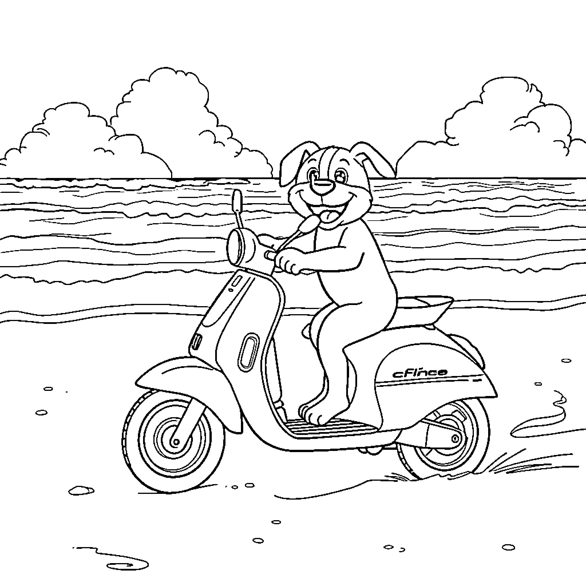 Dog riding scooter on the beach Coloring Page (free black-and-white line drawing printable PDF for all, from beginners to advanced learners, including children, teens, adults, and seniors)
