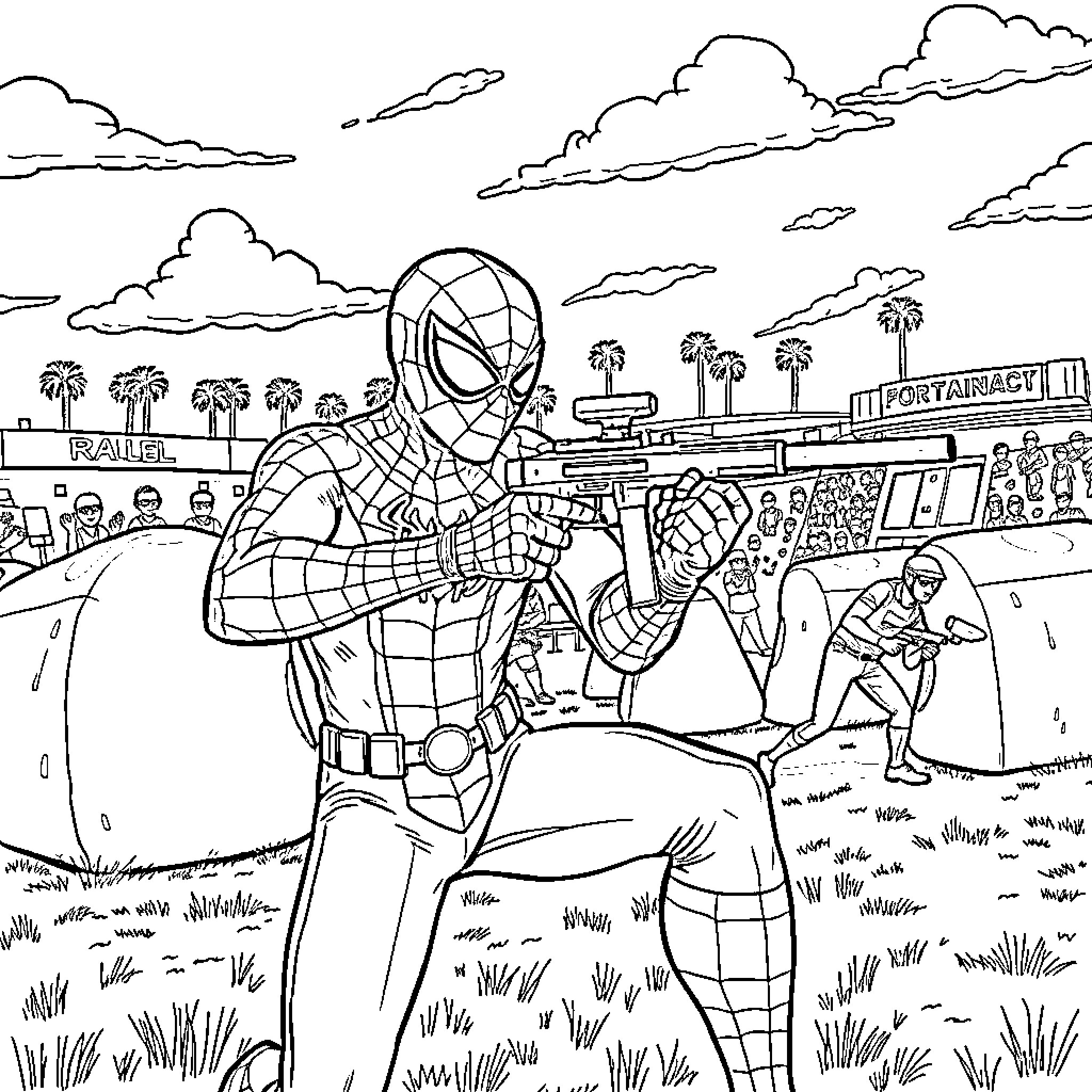 Spiderman swinging through the city with heroic pose Coloring Page (free black-and-white line drawing printable PDF for all, from beginners to advanced learners, including children, teens, adults, and seniors)