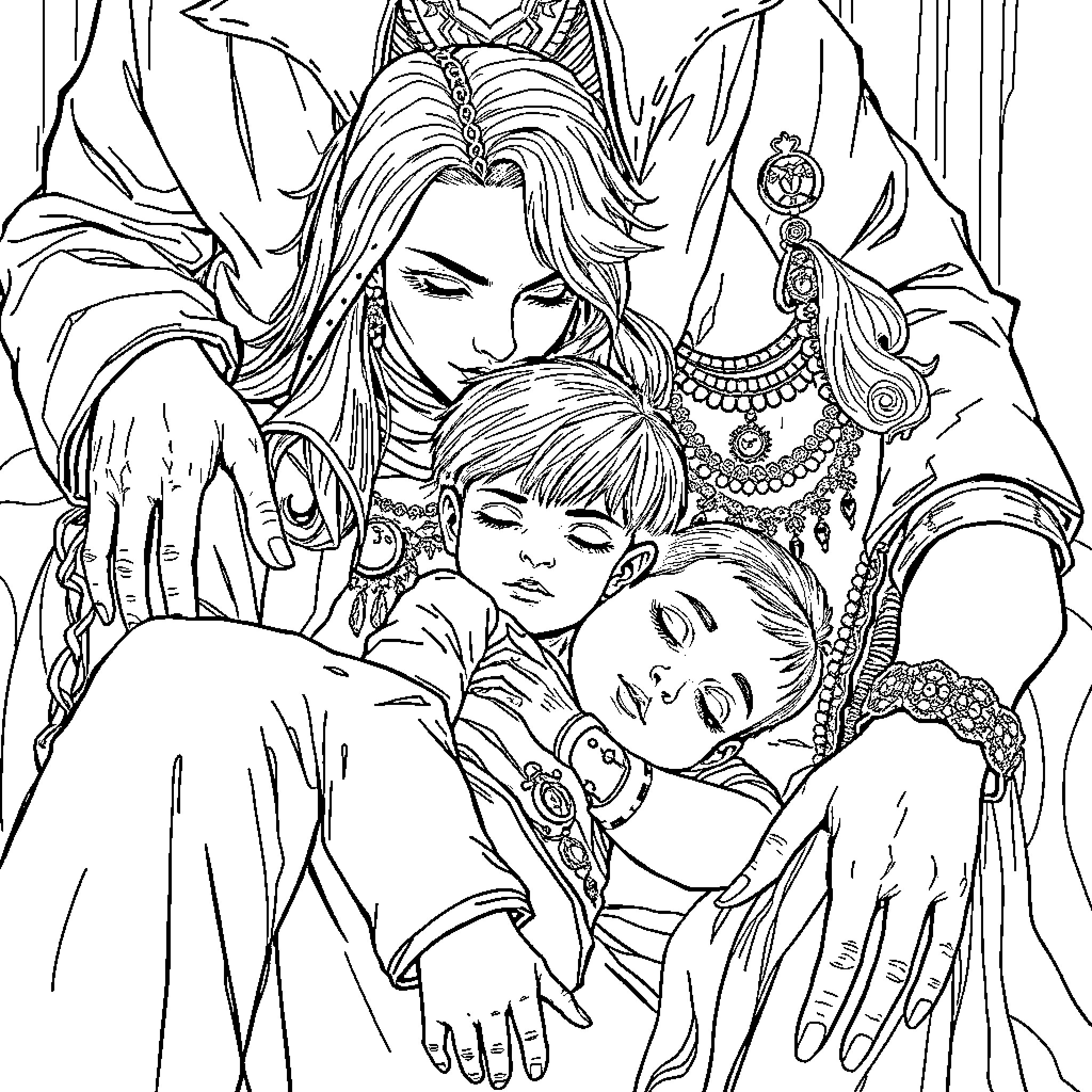 Boy embraced by two ornately dressed women Coloring Page (free black-and-white line drawing printable PDF for all, from beginners to advanced learners, including children, teens, adults, and seniors)