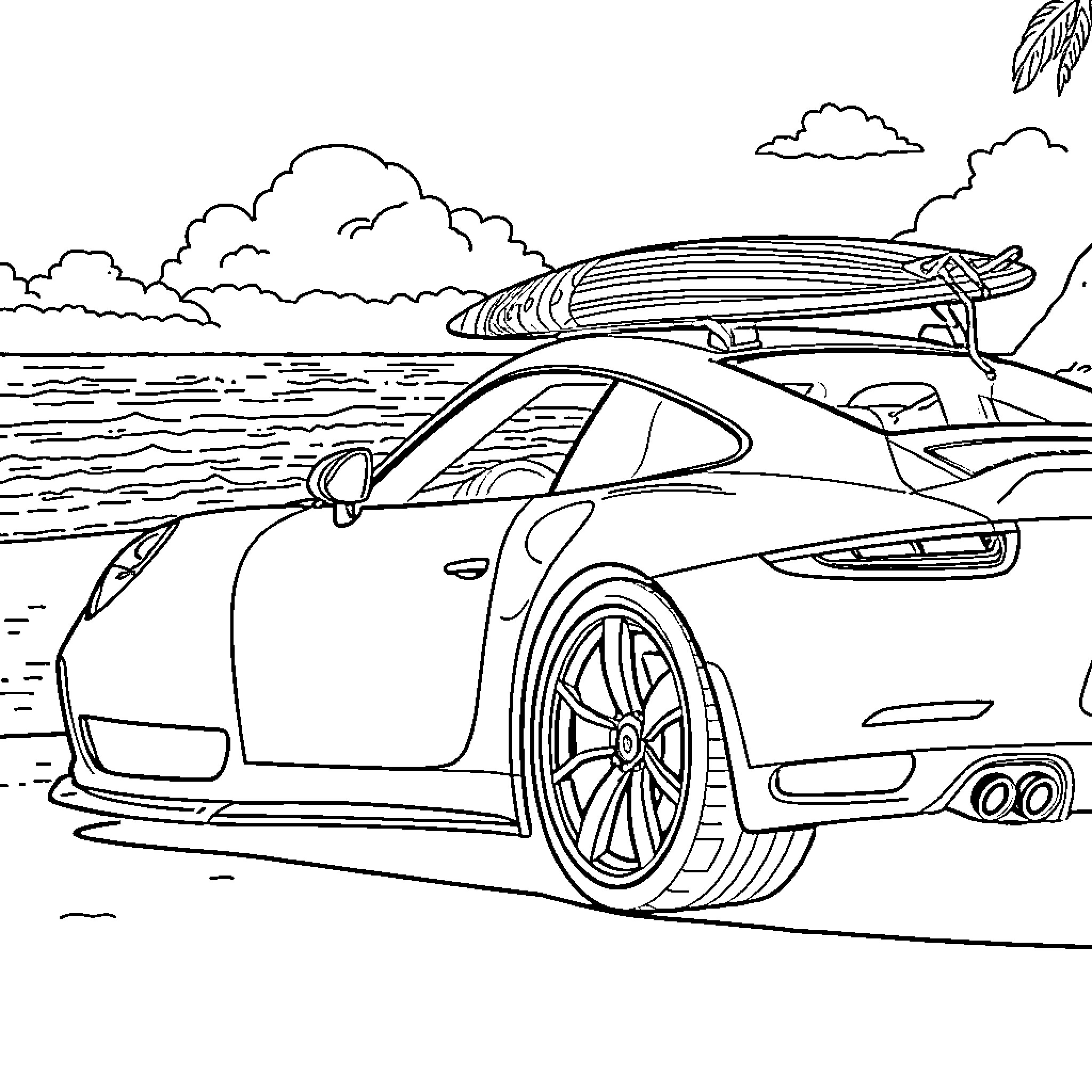Porsche sports car with surfboard on the beach Coloring Page (free black-and-white line drawing printable PDF for all, from beginners to advanced learners, including children, teens, adults, and seniors)