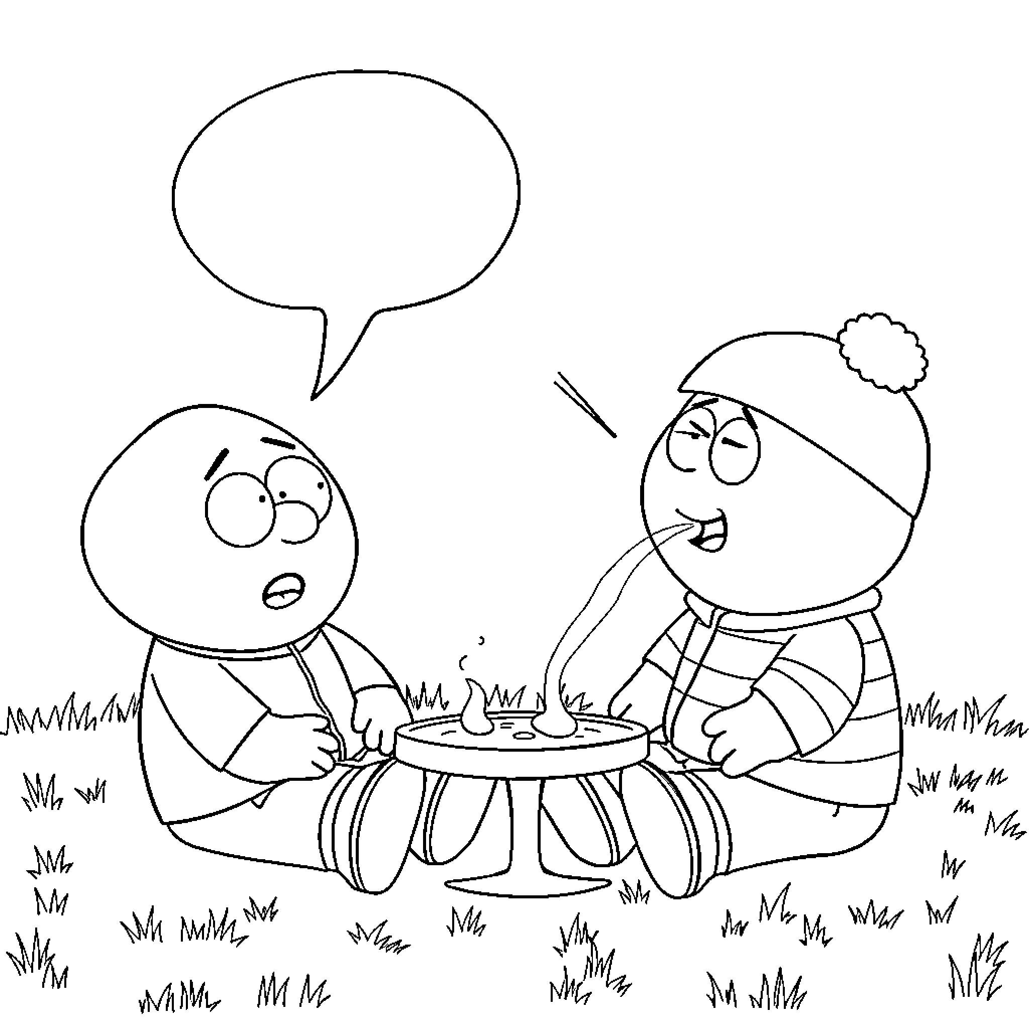 Cartman and Friend Enjoying Picnic in the Outdoors Coloring Page (free black-and-white line drawing printable PDF for all, from beginners to advanced learners, including children, teens, adults, and seniors)