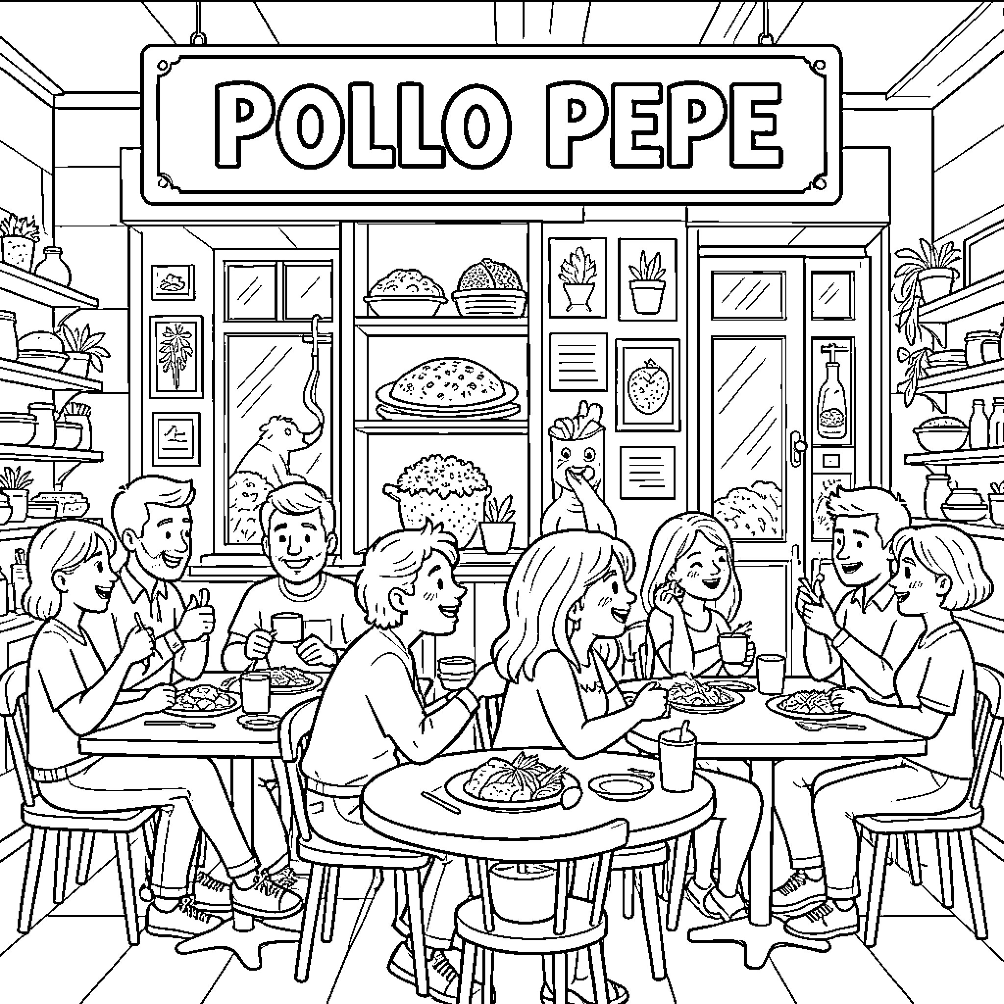 Pollo Pepe restaurant scene with people enjoying a meal Coloring Page (free black-and-white line drawing printable PDF for all, from beginners to advanced learners, including children, teens, adults, and seniors)