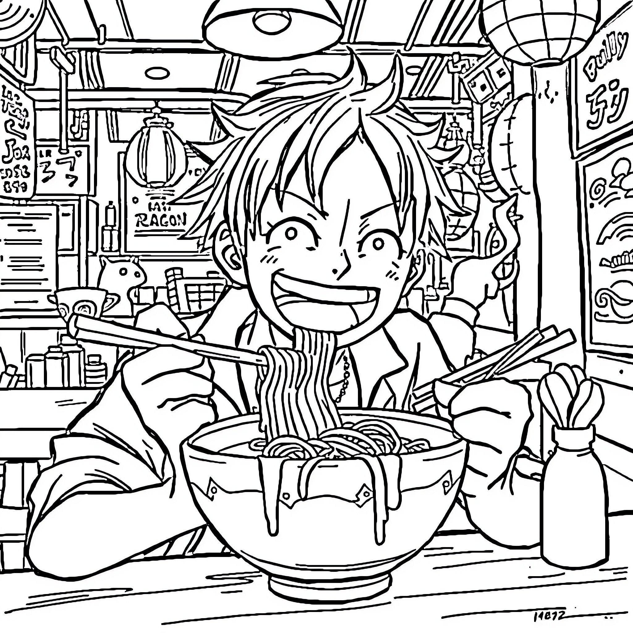 Luffy Enjoying a Hearty Meal in His Lively Cafe Coloring Page (free black-and-white line drawing printable PDF for all, from beginners to advanced learners, including children, teens, adults, and seniors)