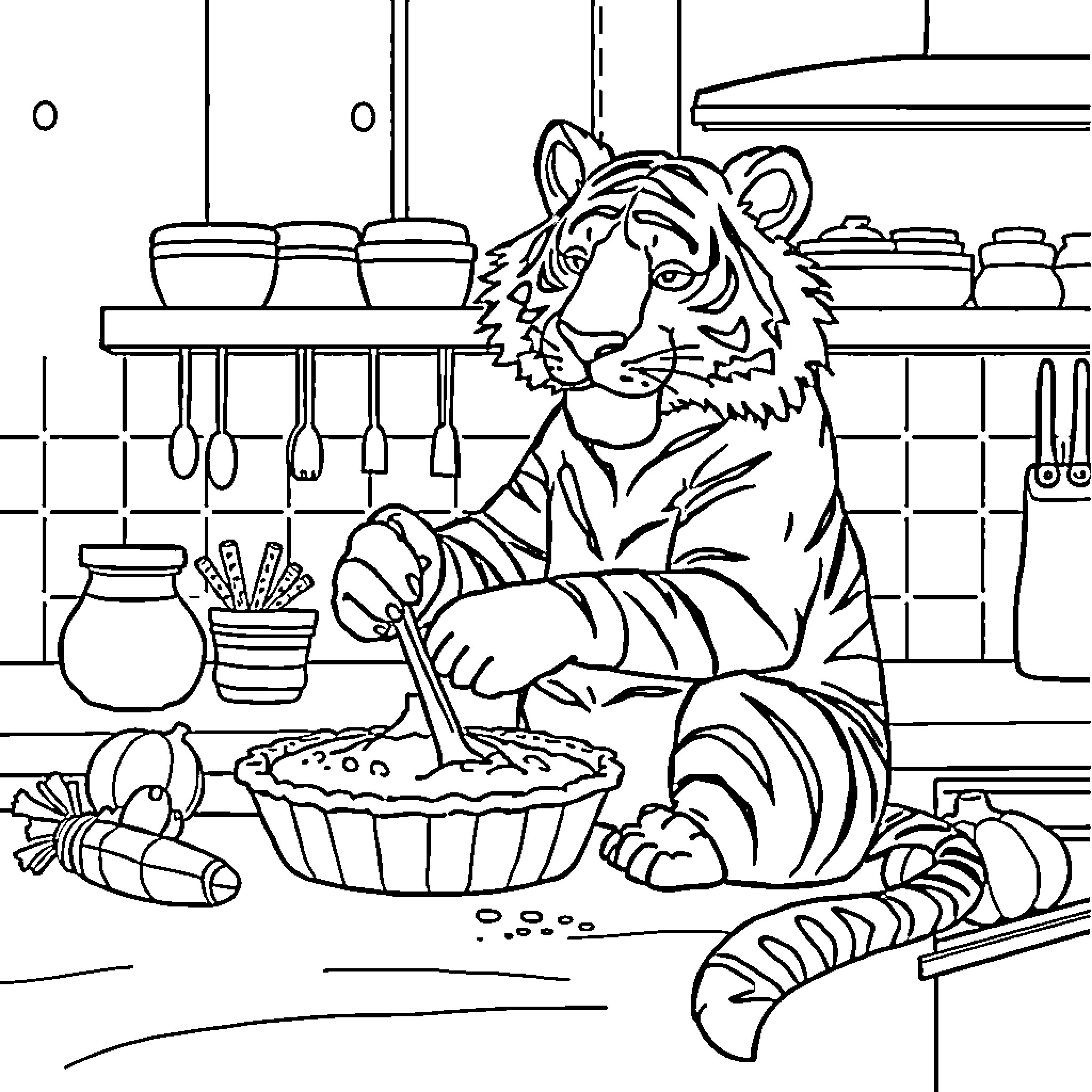 Tiger Cooking Delicious Meal in the Kitchen Coloring Page (free black-and-white line drawing printable PDF for all, from beginners to advanced learners, including children, teens, adults, and seniors)