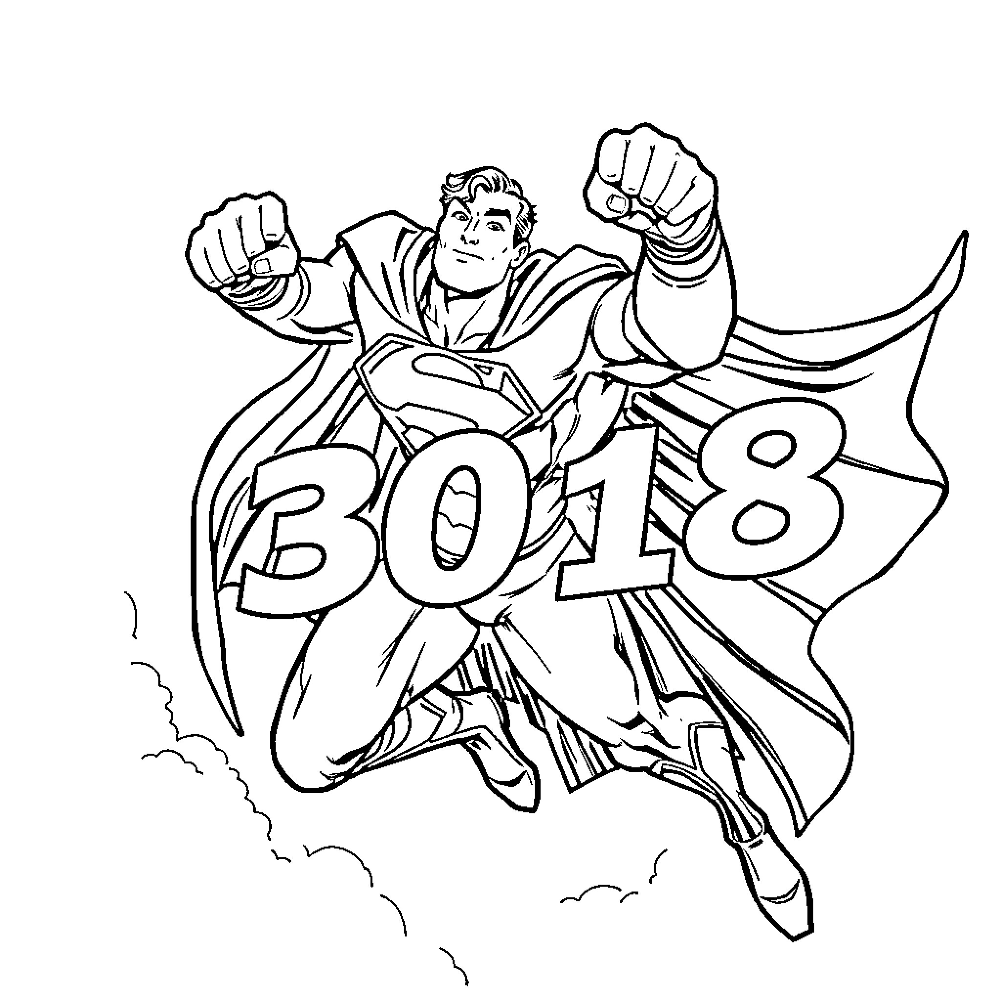 Superman Saving the Day in 2018 Coloring Page (free black-and-white line drawing printable PDF for all, from beginners to advanced learners, including children, teens, adults, and seniors)