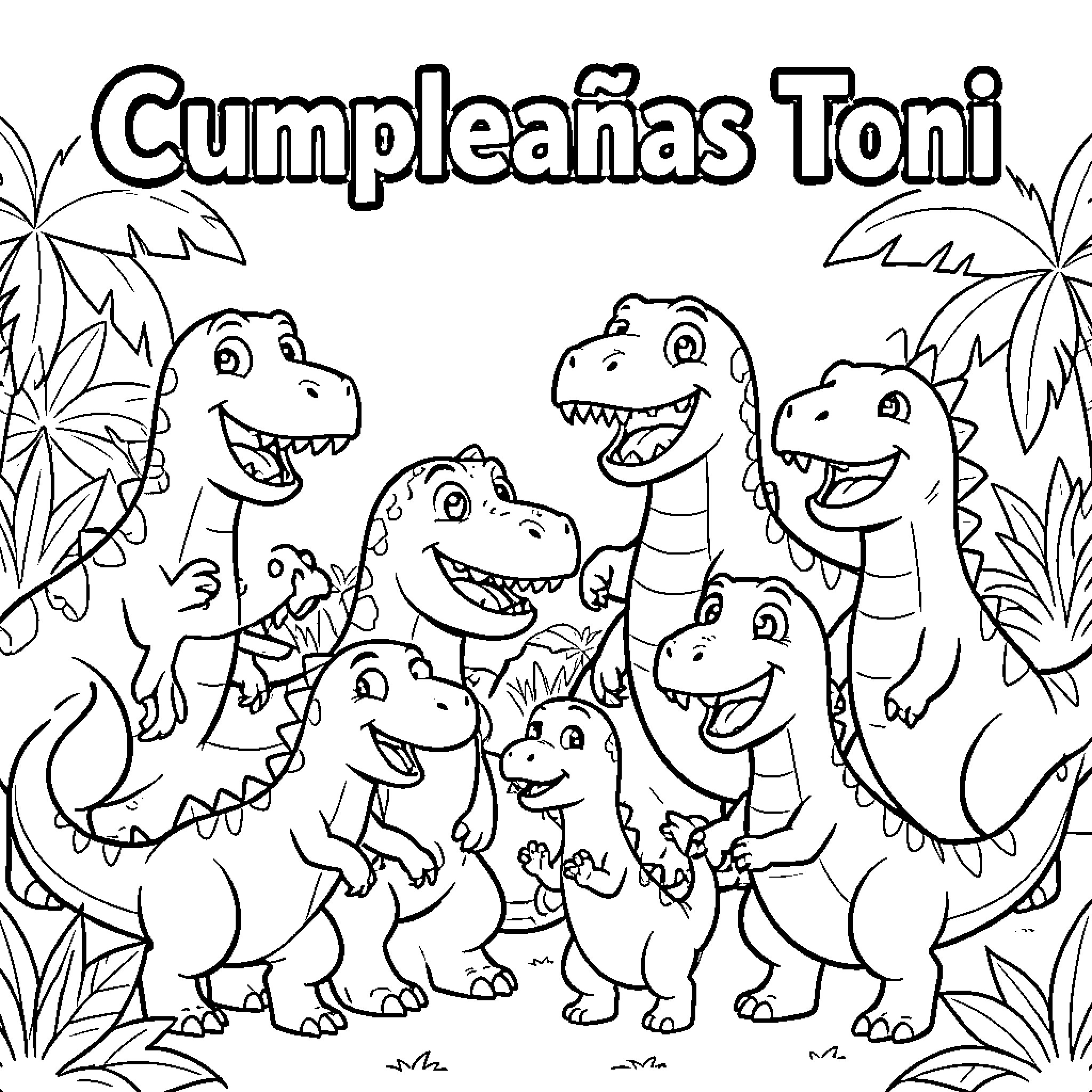 Dinosaur group celebrating together with happy expressions Coloring Page (free black-and-white line drawing printable PDF for all, from beginners to advanced learners, including children, teens, adults, and seniors)