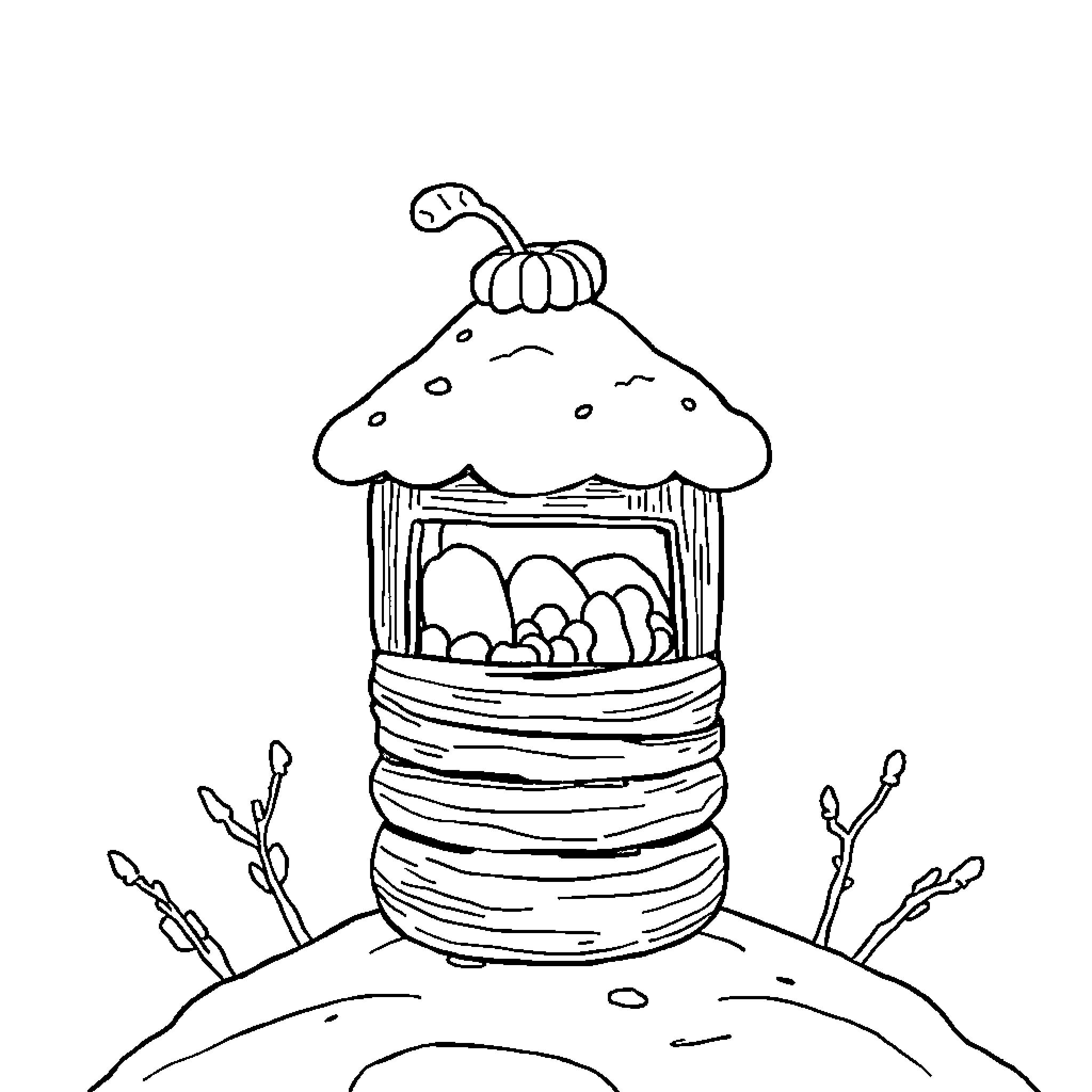 Cămara Basket Full of Eggs and Springtime Scenery Coloring Page (free black-and-white line drawing printable PDF for all, from beginners to advanced learners, including children, teens, adults, and seniors)