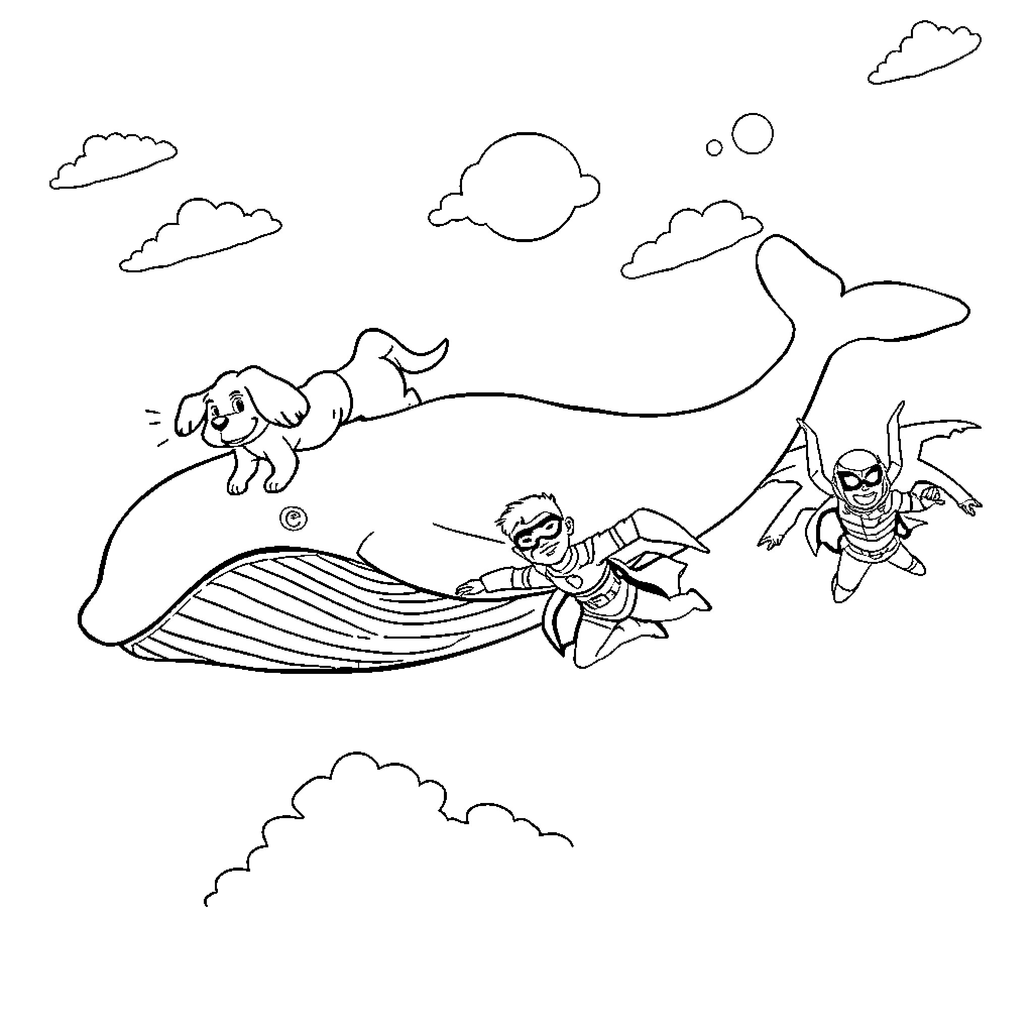 Whale playing with adventurous friends in the sky Coloring Page (free black-and-white line drawing printable PDF for all, from beginners to advanced learners, including children, teens, adults, and seniors)
