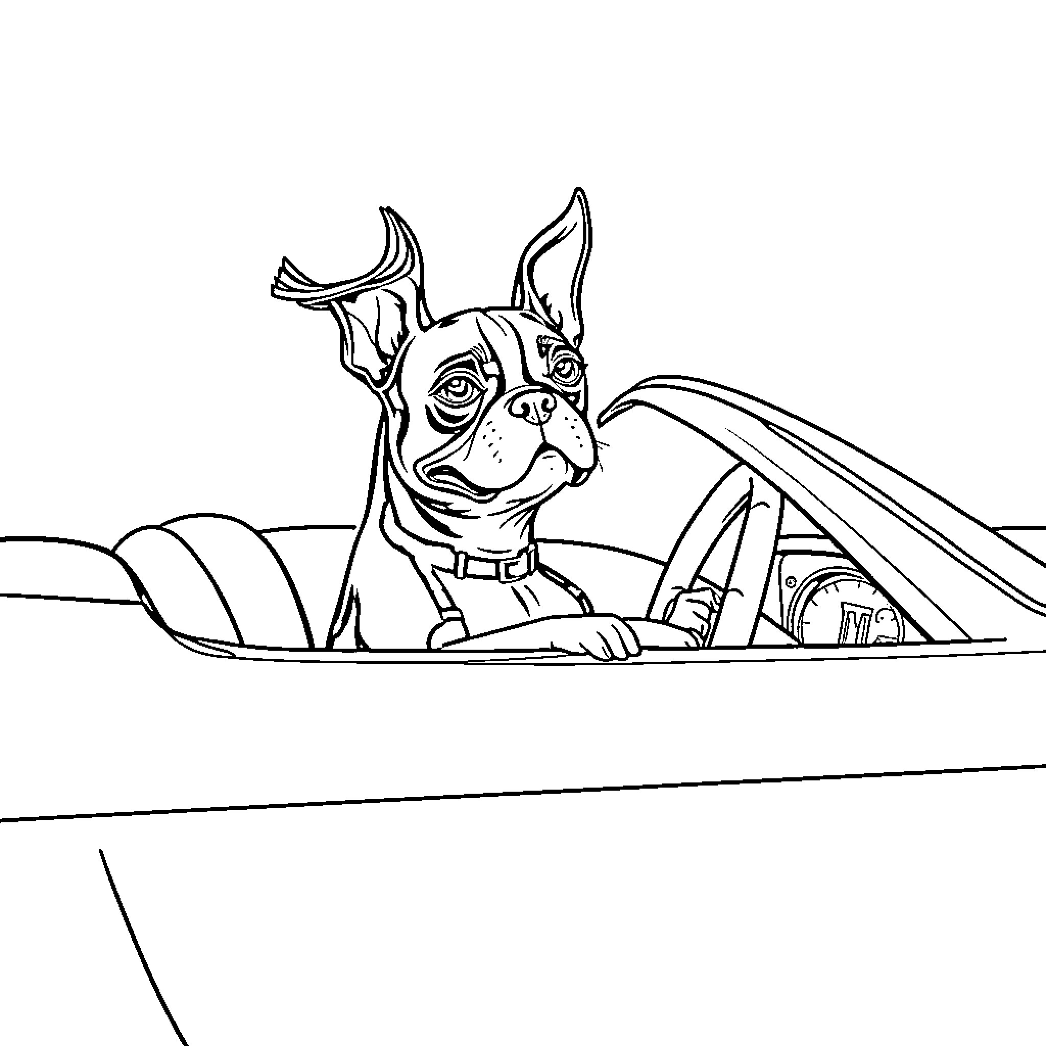 Bostin Terrier driving a car joyfully Coloring Page (free black-and-white line drawing printable PDF for all, from beginners to advanced learners, including children, teens, adults, and seniors)