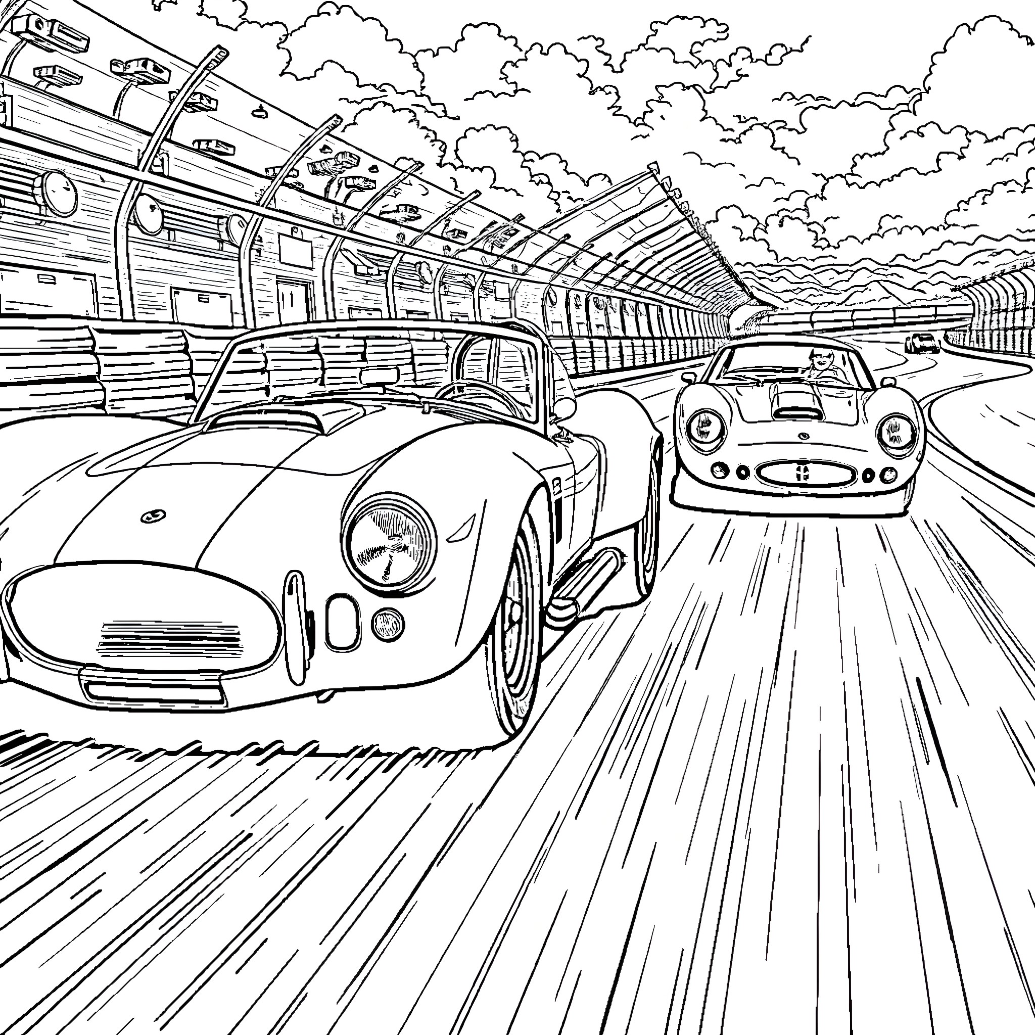 Cars racing on a racetrack with crowds Coloring Page (free black-and-white line drawing printable PDF for all, from beginners to advanced learners, including children, teens, adults, and seniors)