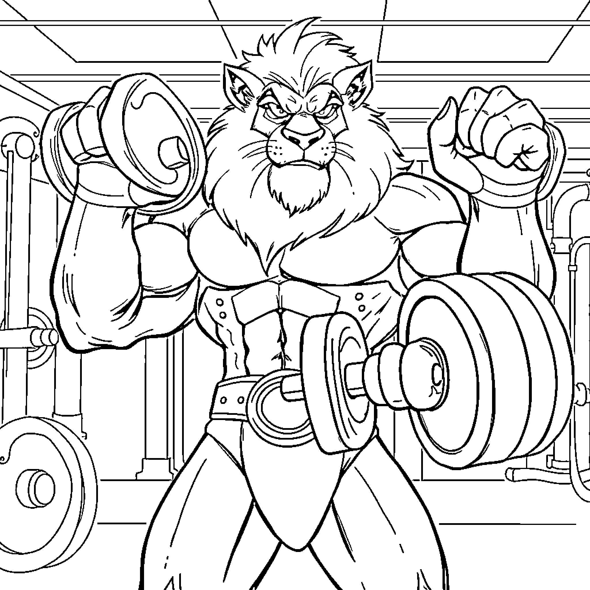 Lionel the Muscle-Bound Lion in the Gym Coloring Page (free black-and-white line drawing printable PDF for all, from beginners to advanced learners, including children, teens, adults, and seniors)