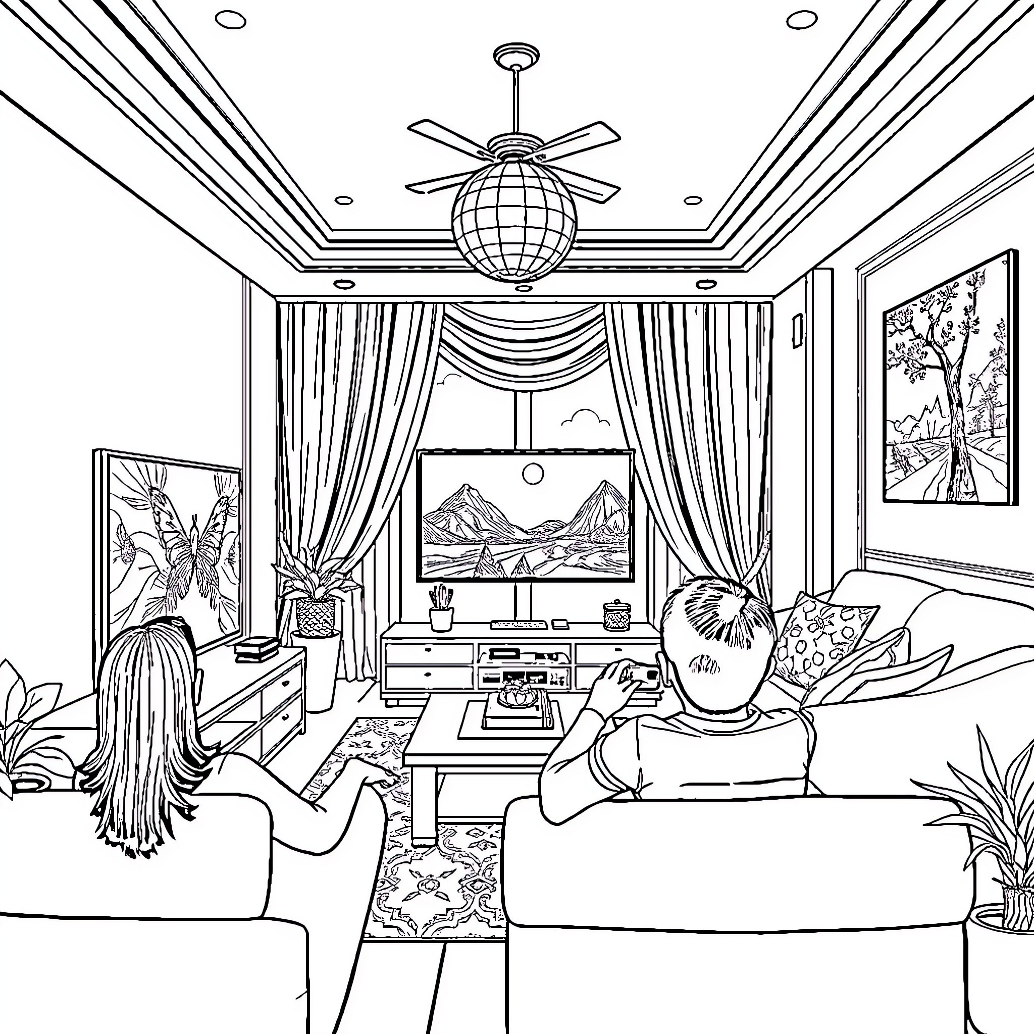 TV in Cozy Living Room with Curtains and Artwork Coloring Page (free black-and-white line drawing printable PDF for all, from beginners to advanced learners, including children, teens, adults, and seniors)