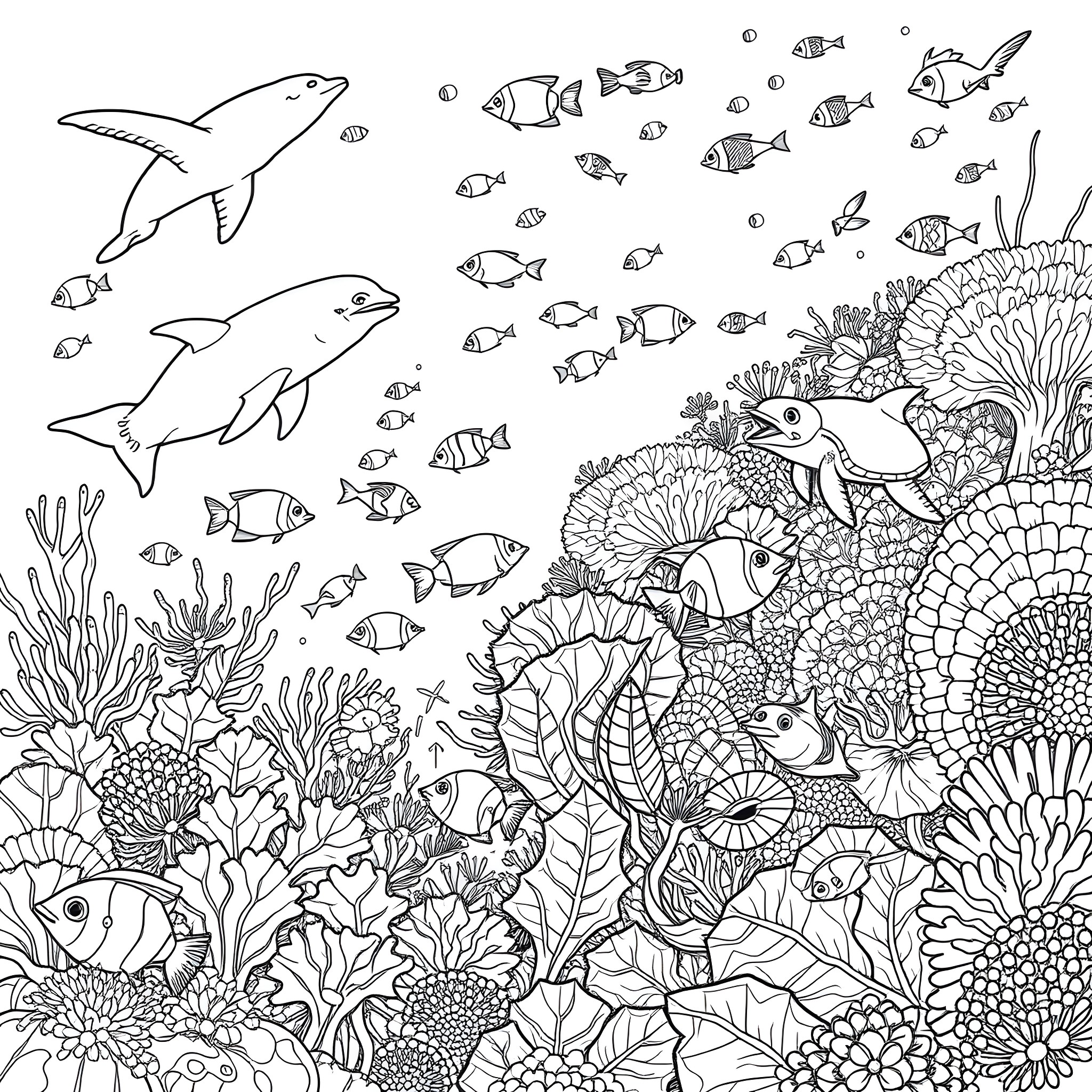 Sea Animal Scene with Diverse Underwater Life Coloring Page (free black-and-white line drawing printable PDF for all, from beginners to advanced learners, including children, teens, adults, and seniors)