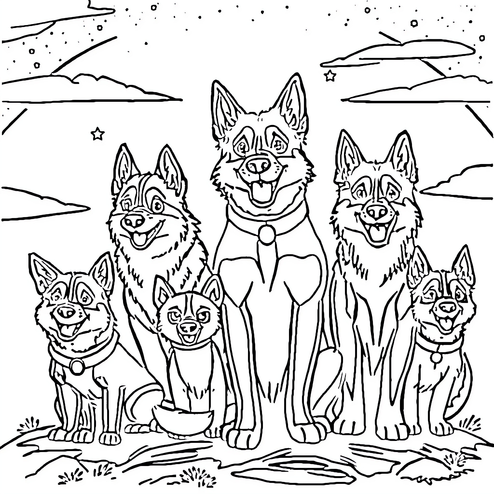 Paw Patrol team in a snowy landscape Coloring Page (free black-and-white line drawing printable PDF for all, from beginners to advanced learners, including children, teens, adults, and seniors)