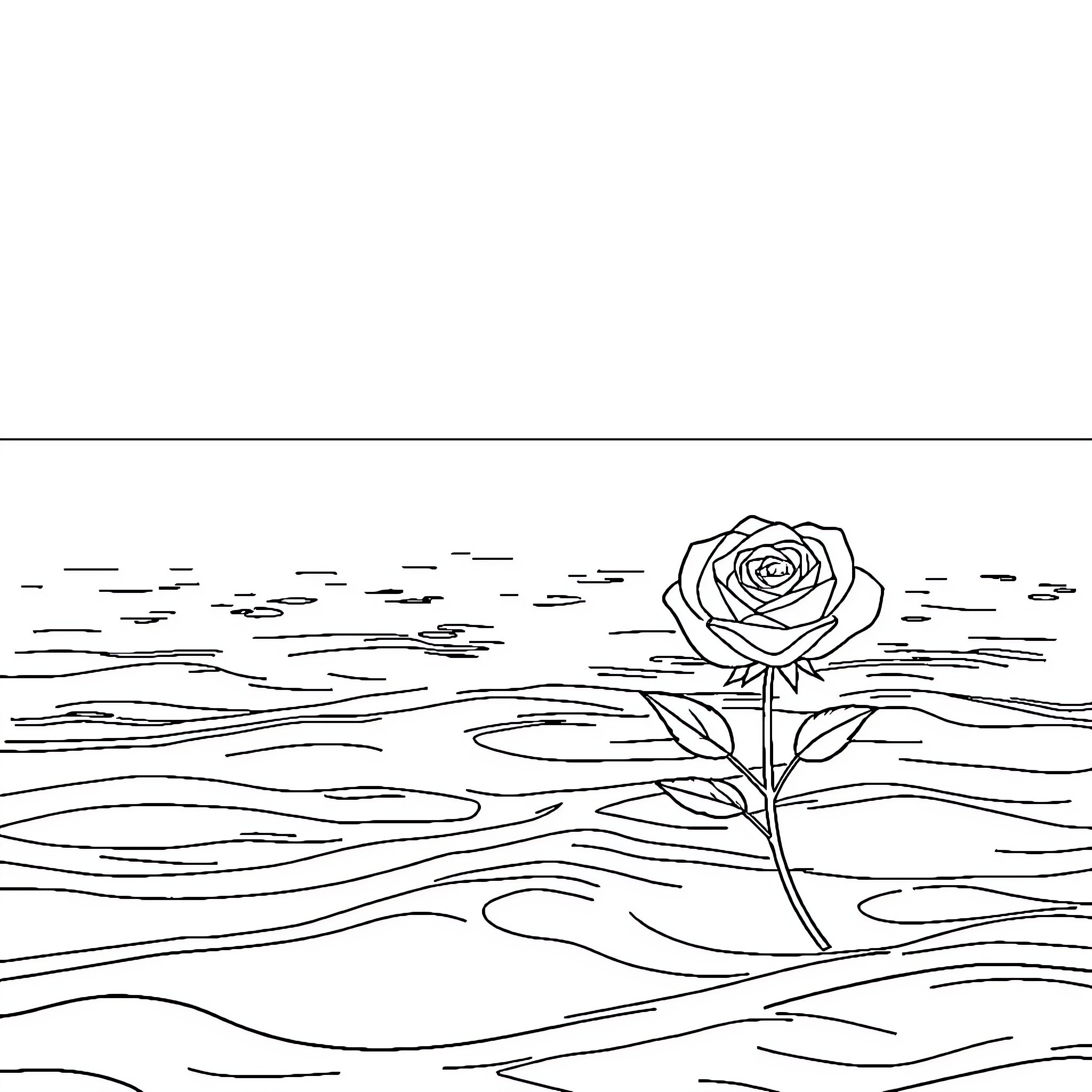 Rose in peaceful tranquil landscape Coloring Page (free black-and-white line drawing printable PDF for all, from beginners to advanced learners, including children, teens, adults, and seniors)
