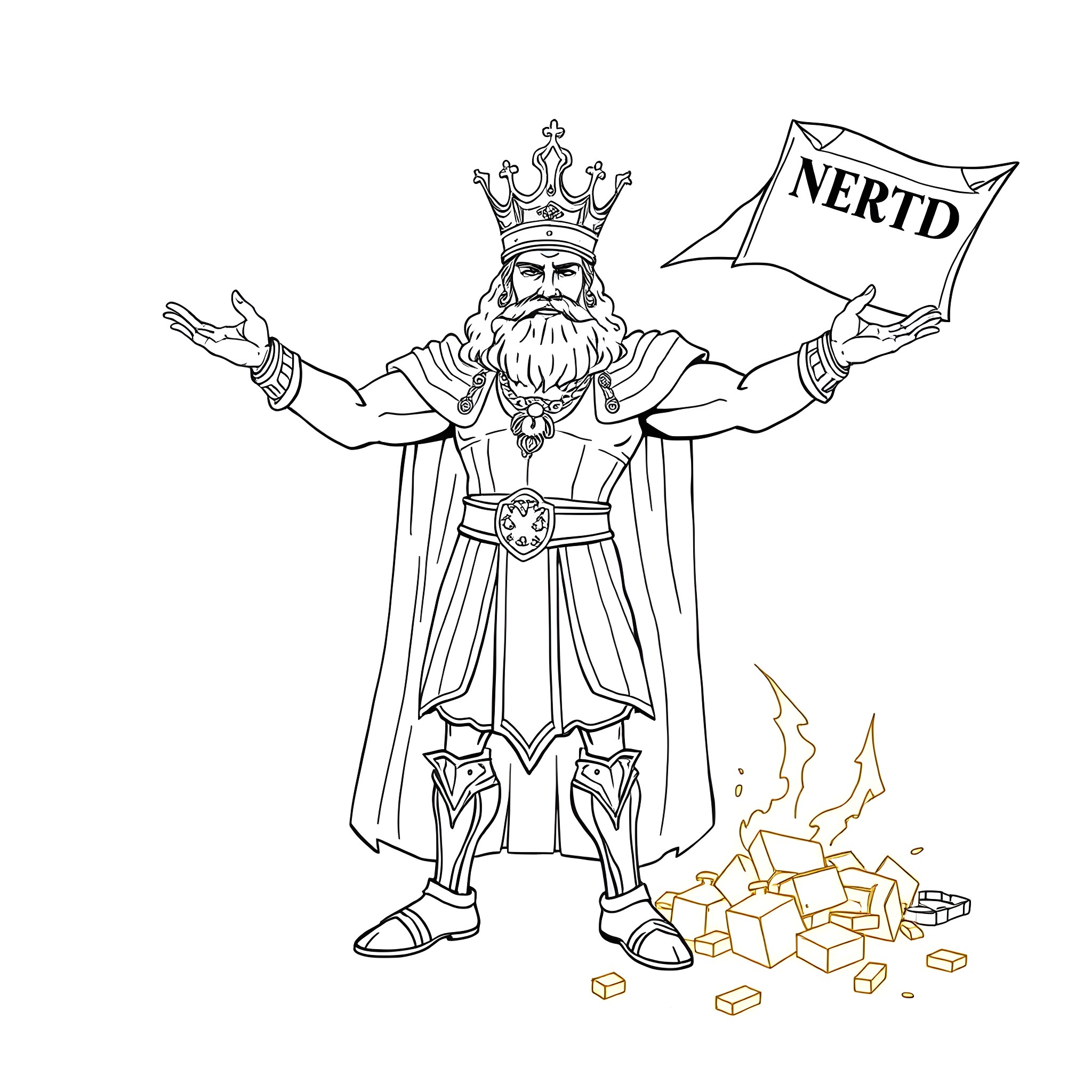 Midas the Nerdy King Surrounded by Treasures Coloring Page (free black-and-white line drawing printable PDF for all, from beginners to advanced learners, including children, teens, adults, and seniors)