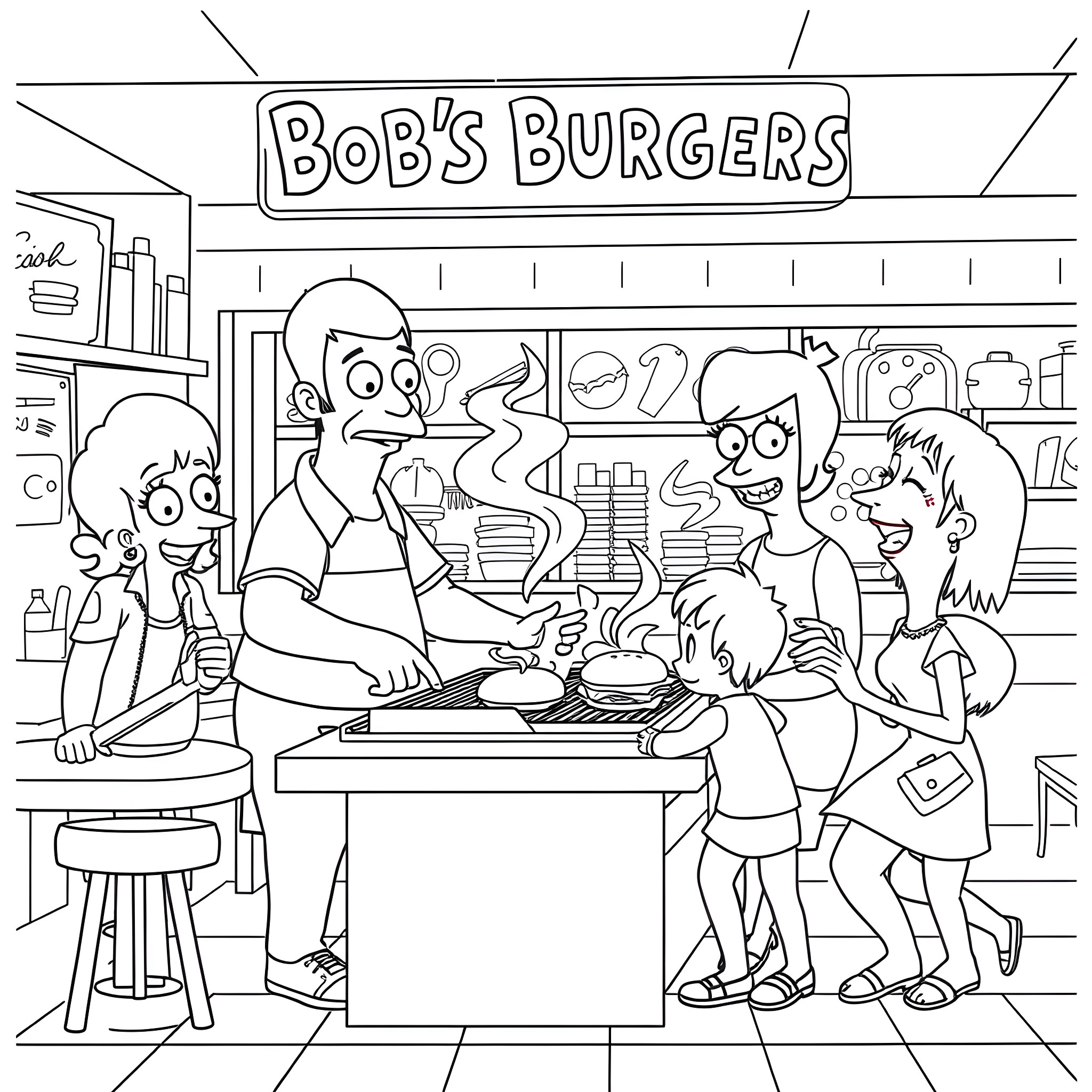 Bob's Burgers: Family fun and laughter in the diner Coloring Page (free black-and-white line drawing printable PDF for all, from beginners to advanced learners, including children, teens, adults, and seniors)