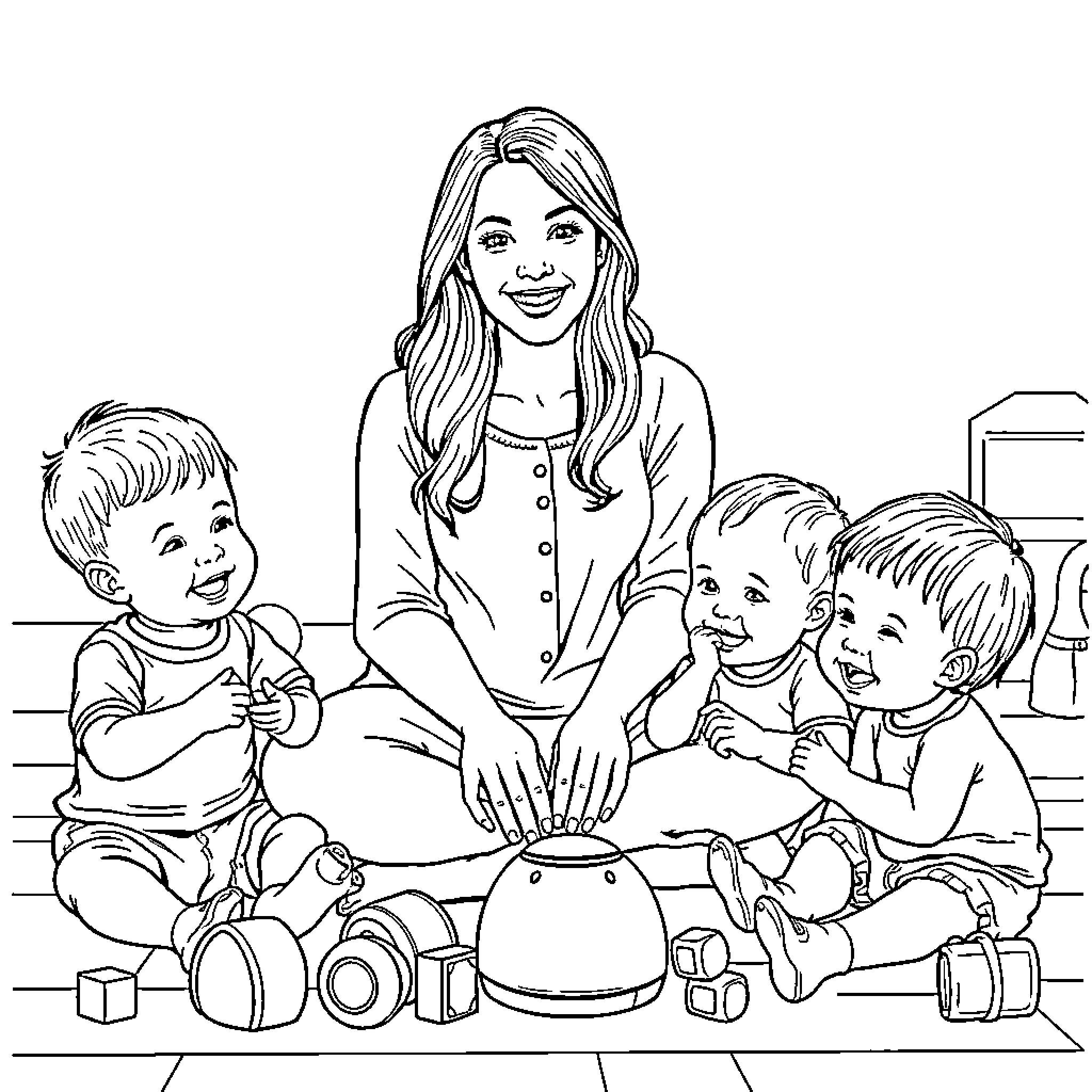 Ms Rachel Spending Time with Children Coloring Page (free black-and-white line drawing printable PDF for all, from beginners to advanced learners, including children, teens, adults, and seniors)