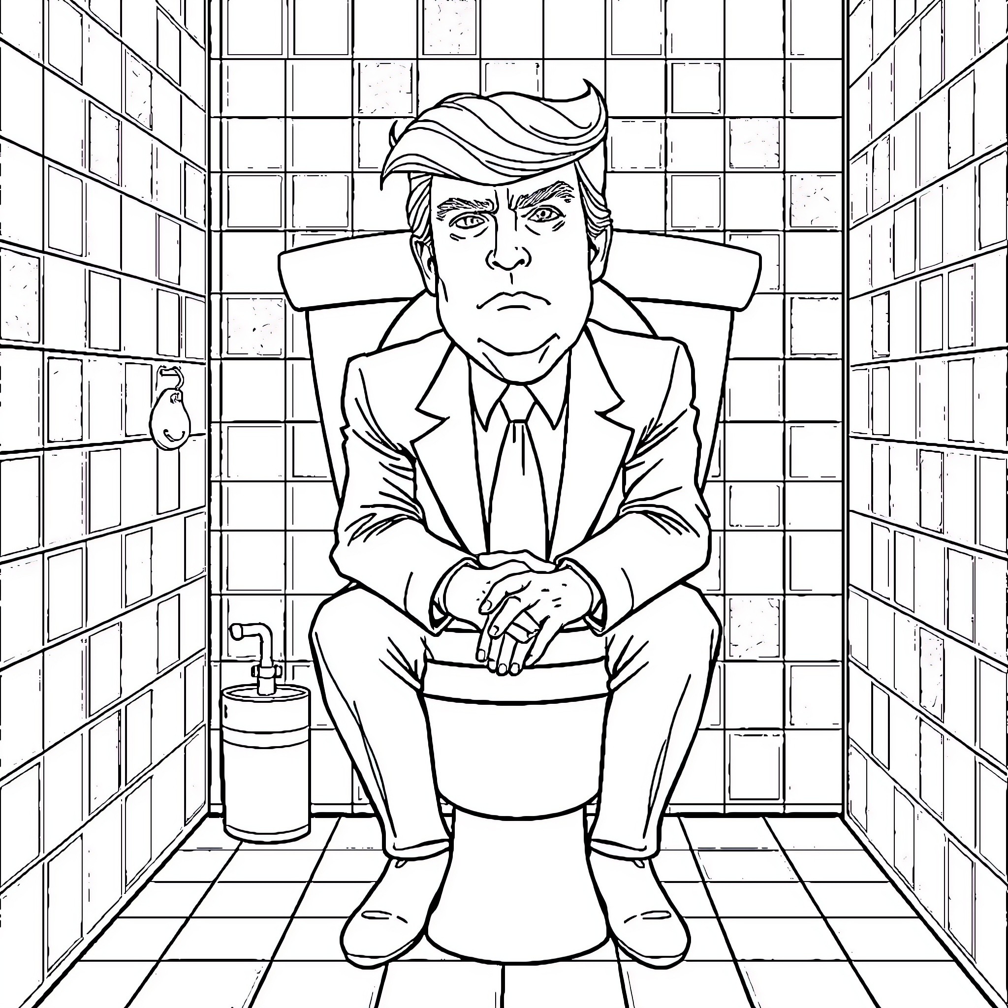 Donald Trump sitting contemplatively in a bathroom stall Coloring Page (free black-and-white line drawing printable PDF for all, from beginners to advanced learners, including children, teens, adults, and seniors)