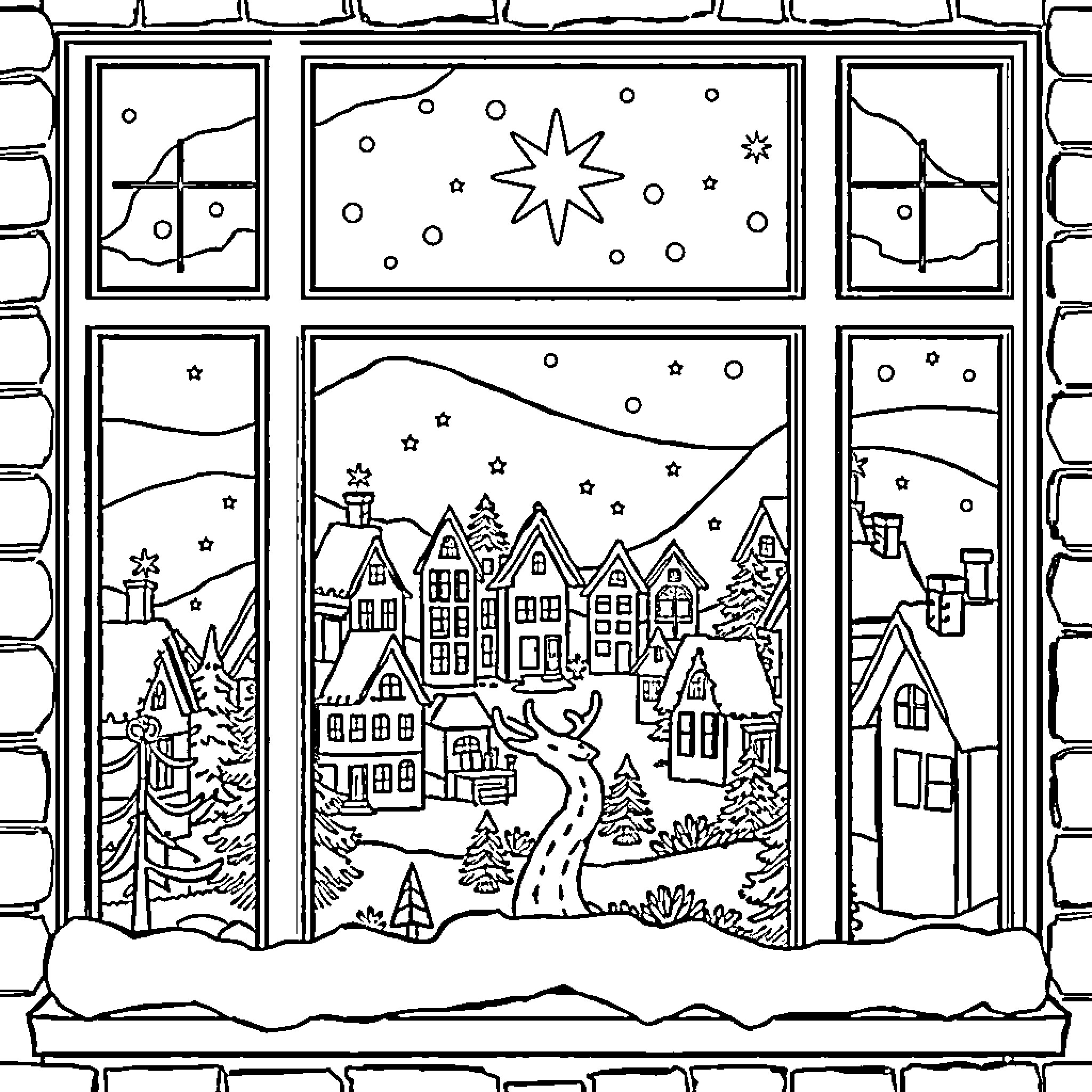 Christmas Village with Snowy Winter Landscape Coloring Page (free black-and-white line drawing printable PDF for all, from beginners to advanced learners, including children, teens, adults, and seniors)