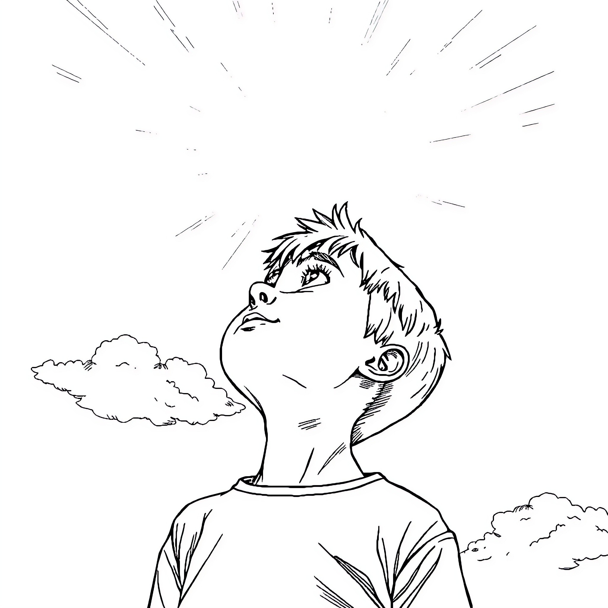 Boy gazing up at the sky with wonder Coloring Page (free black-and-white line drawing printable PDF for all, from beginners to advanced learners, including children, teens, adults, and seniors)