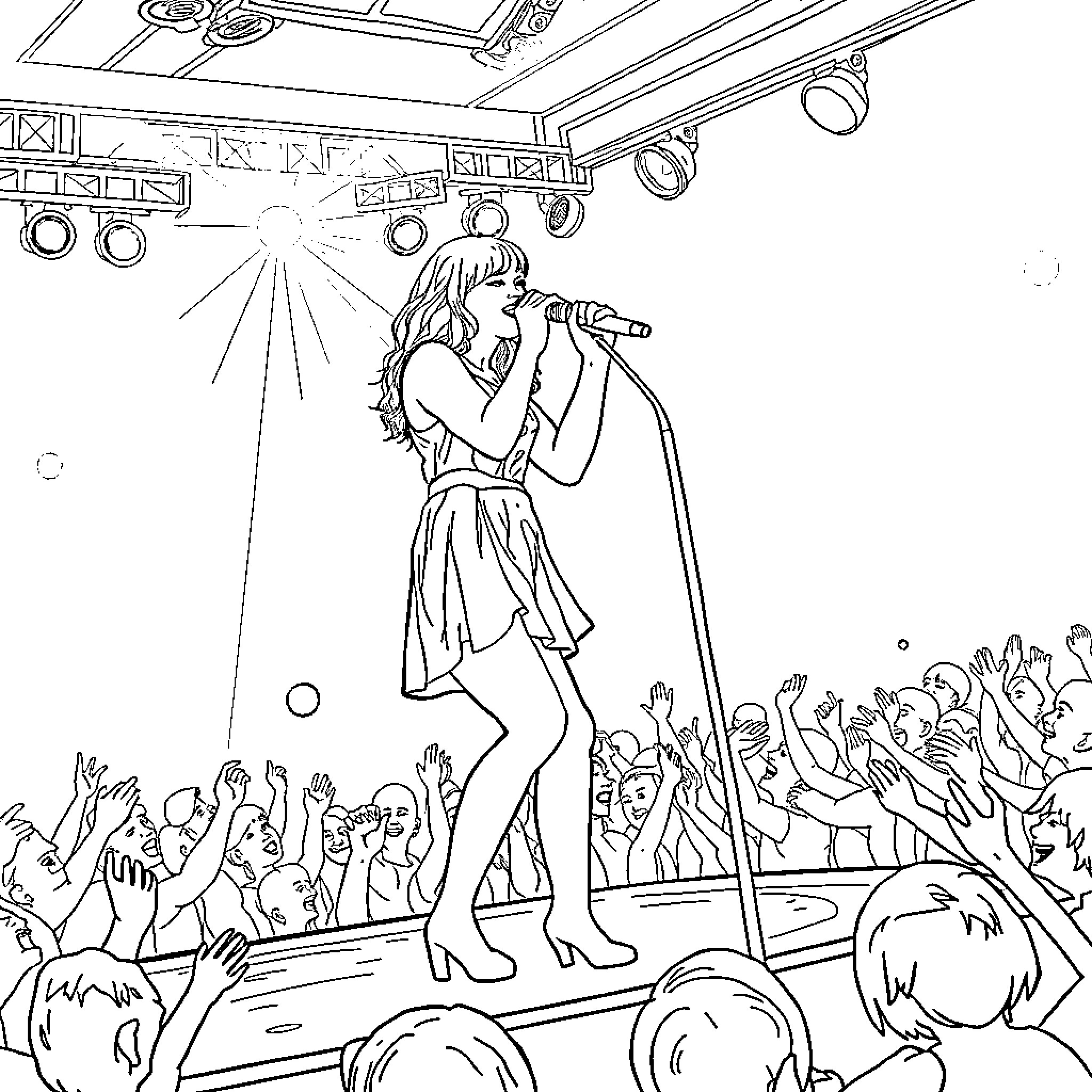 Taylor Swift performing energetically on stage Coloring Page (free black-and-white line drawing printable PDF for all, from beginners to advanced learners, including children, teens, adults, and seniors)