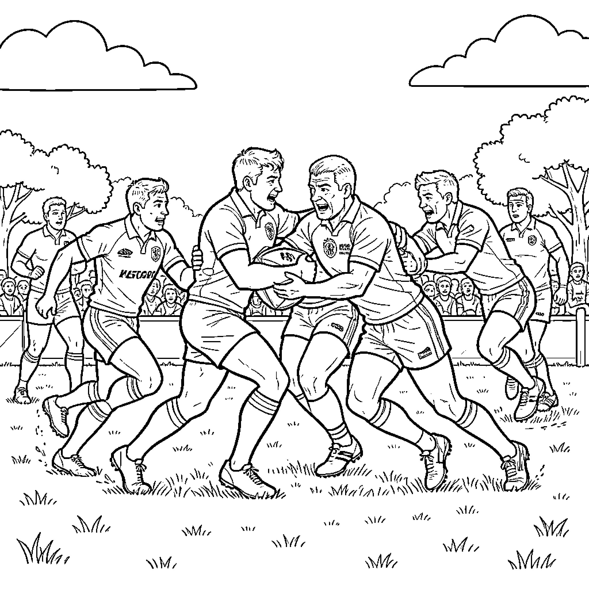 Rugby players competing intensely during a match Coloring Page (free black-and-white line drawing printable PDF for all, from beginners to advanced learners, including children, teens, adults, and seniors)