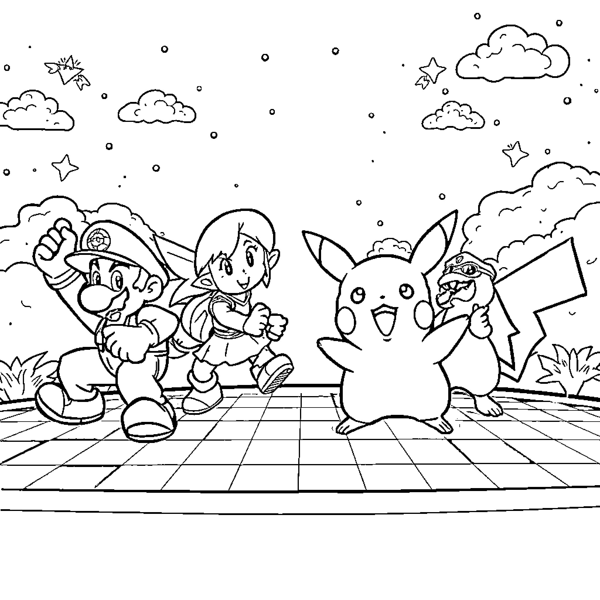 Super Smash Bros Characters Battling in Cartoon Landscape Coloring Page (free black-and-white line drawing printable PDF for all, from beginners to advanced learners, including children, teens, adults, and seniors)