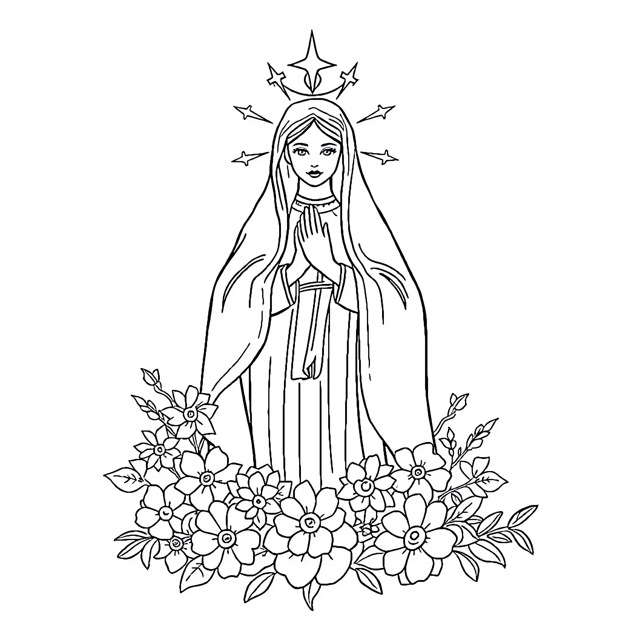 Virgin Mary surrounded by flowers and stars Coloring Page (free black-and-white line drawing printable PDF for all, from beginners to advanced learners, including children, teens, adults, and seniors)