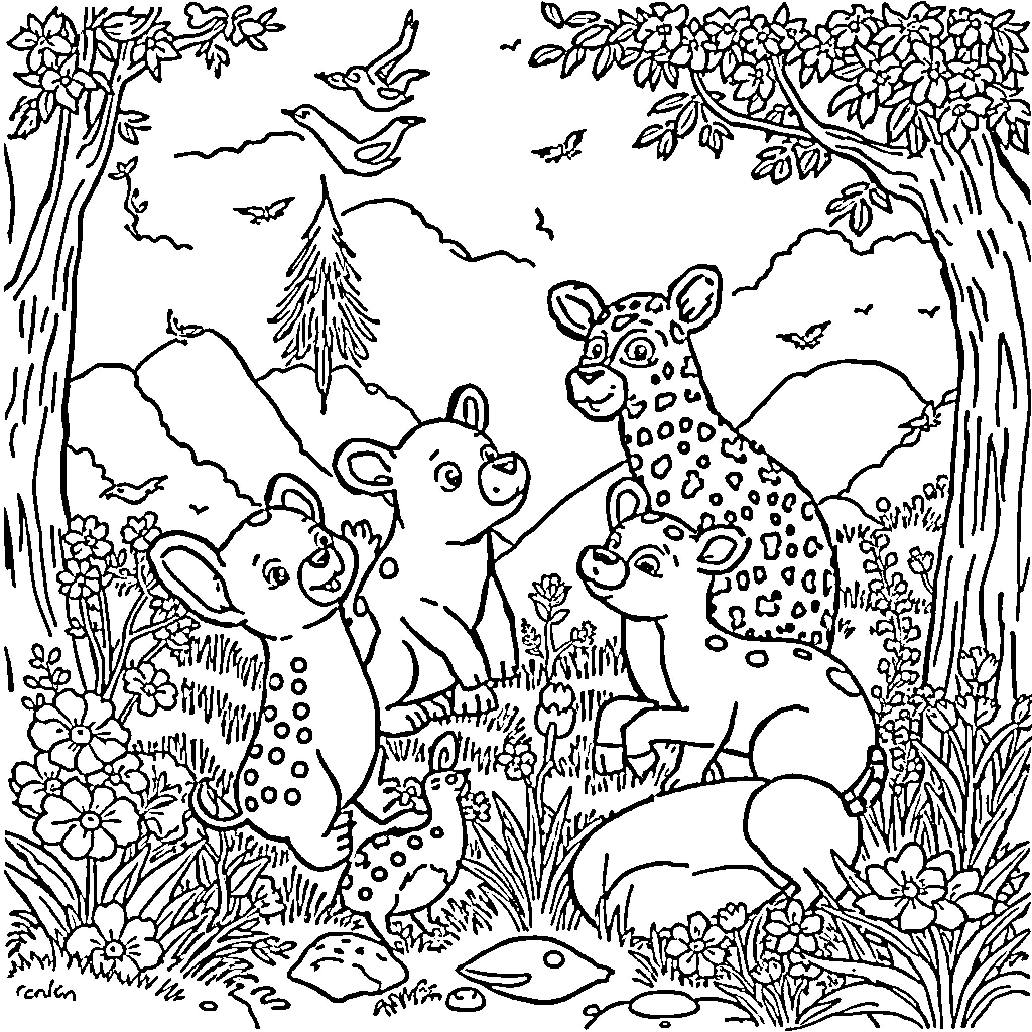 Animal family exploring the forest Coloring Page (free black-and-white line drawing printable PDF for all, from beginners to advanced learners, including children, teens, adults, and seniors)