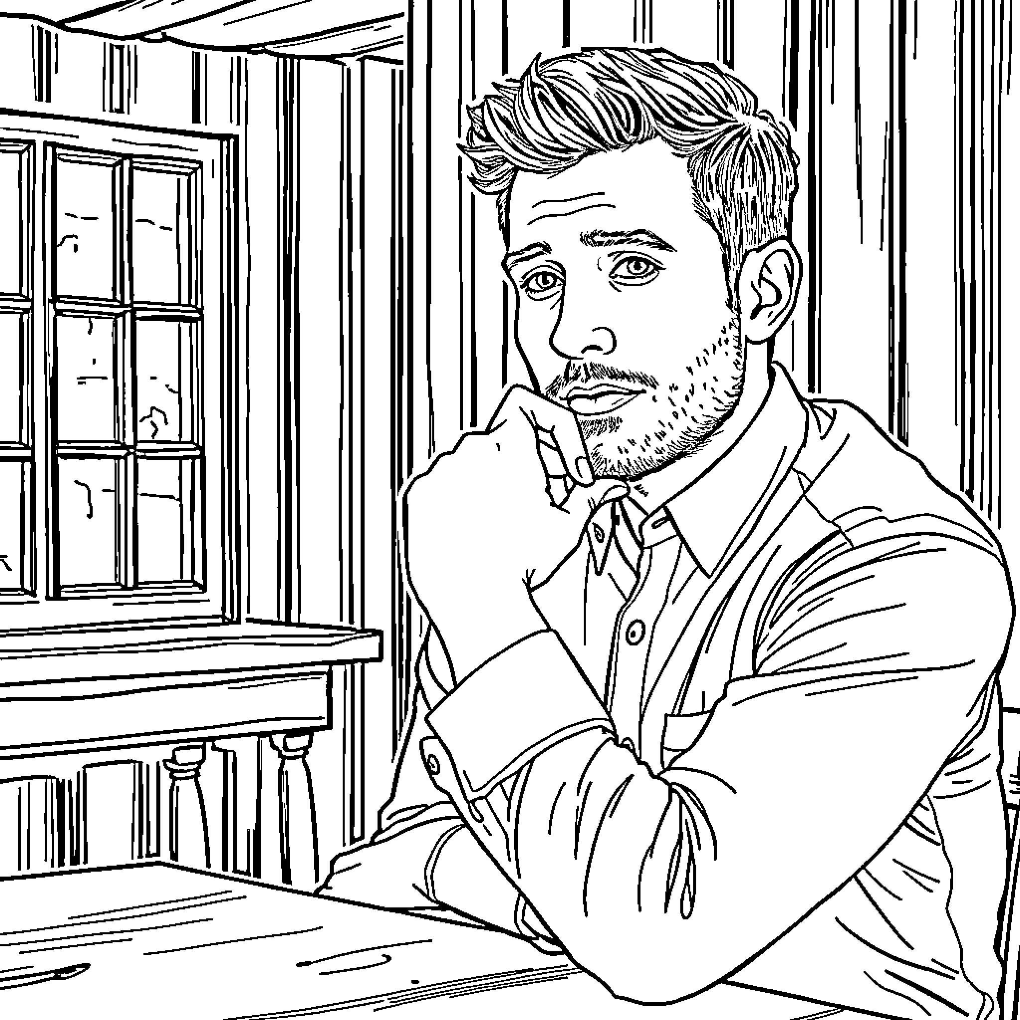 Liam Bates deep in thought in his study Coloring Page (free black-and-white line drawing printable PDF for all, from beginners to advanced learners, including children, teens, adults, and seniors)