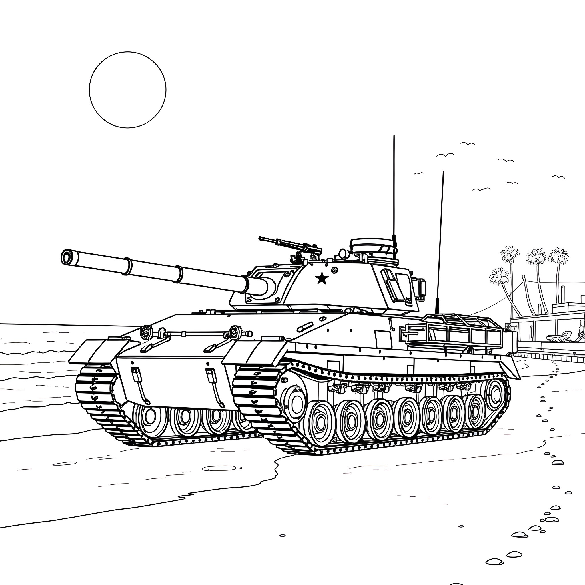 Tank armed with cannon on the battlefield Coloring Page (free black-and-white line drawing printable PDF for all, from beginners to advanced learners, including children, teens, adults, and seniors)