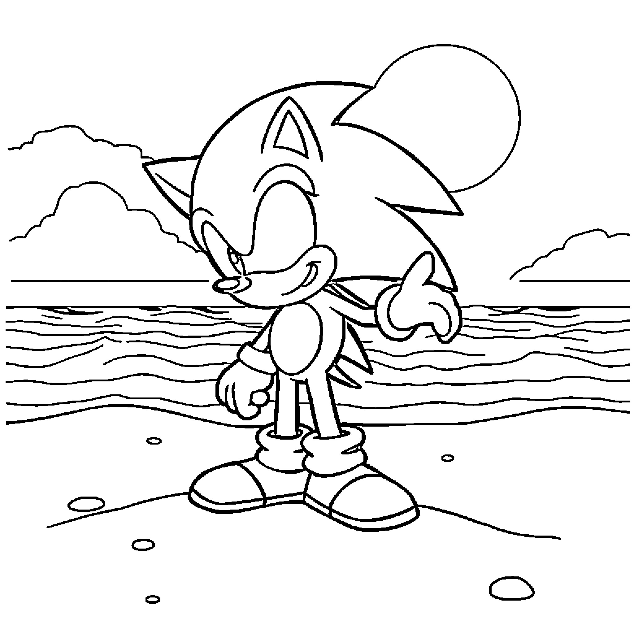 Sonic running near the ocean Coloring Page (free black-and-white line drawing printable PDF for all, from beginners to advanced learners, including children, teens, adults, and seniors)