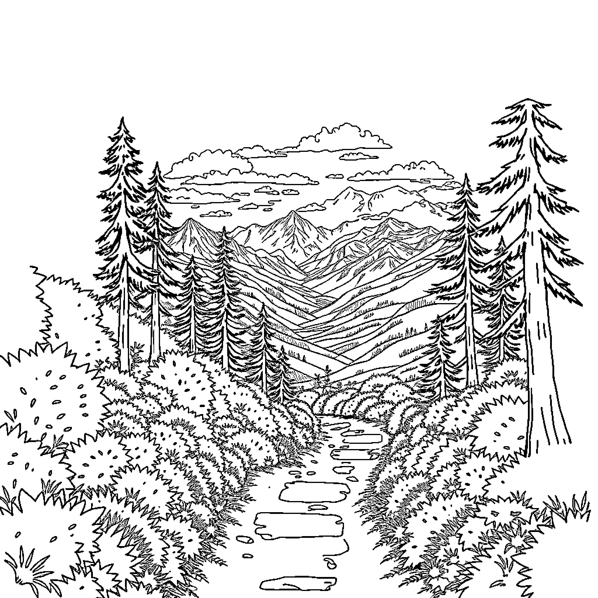 Hiking Trail Through Scenic Mountain Landscape Coloring Page (free black-and-white line drawing printable PDF for all, from beginners to advanced learners, including children, teens, adults, and seniors)