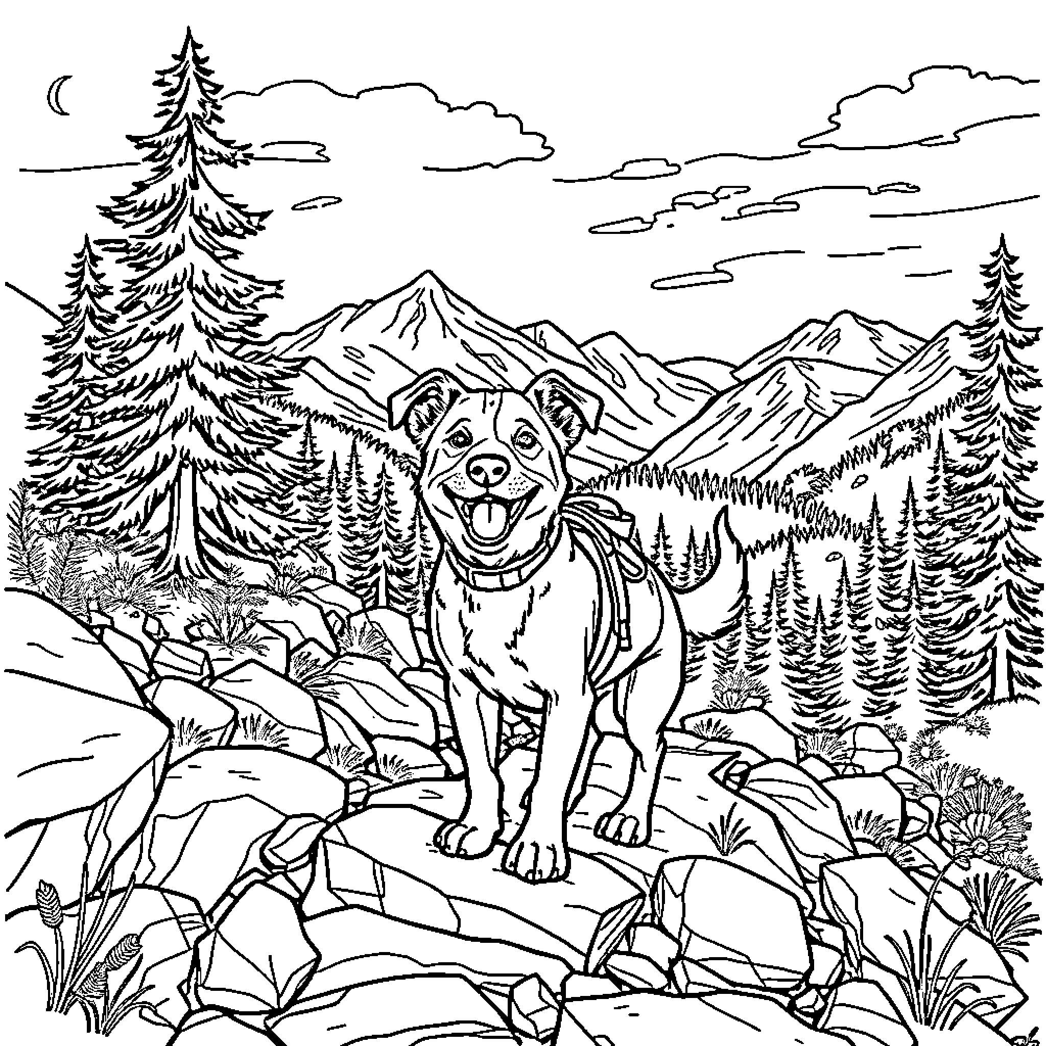 Dog exploring the majestic mountain landscape Coloring Page (free black-and-white line drawing printable PDF for all, from beginners to advanced learners, including children, teens, adults, and seniors)