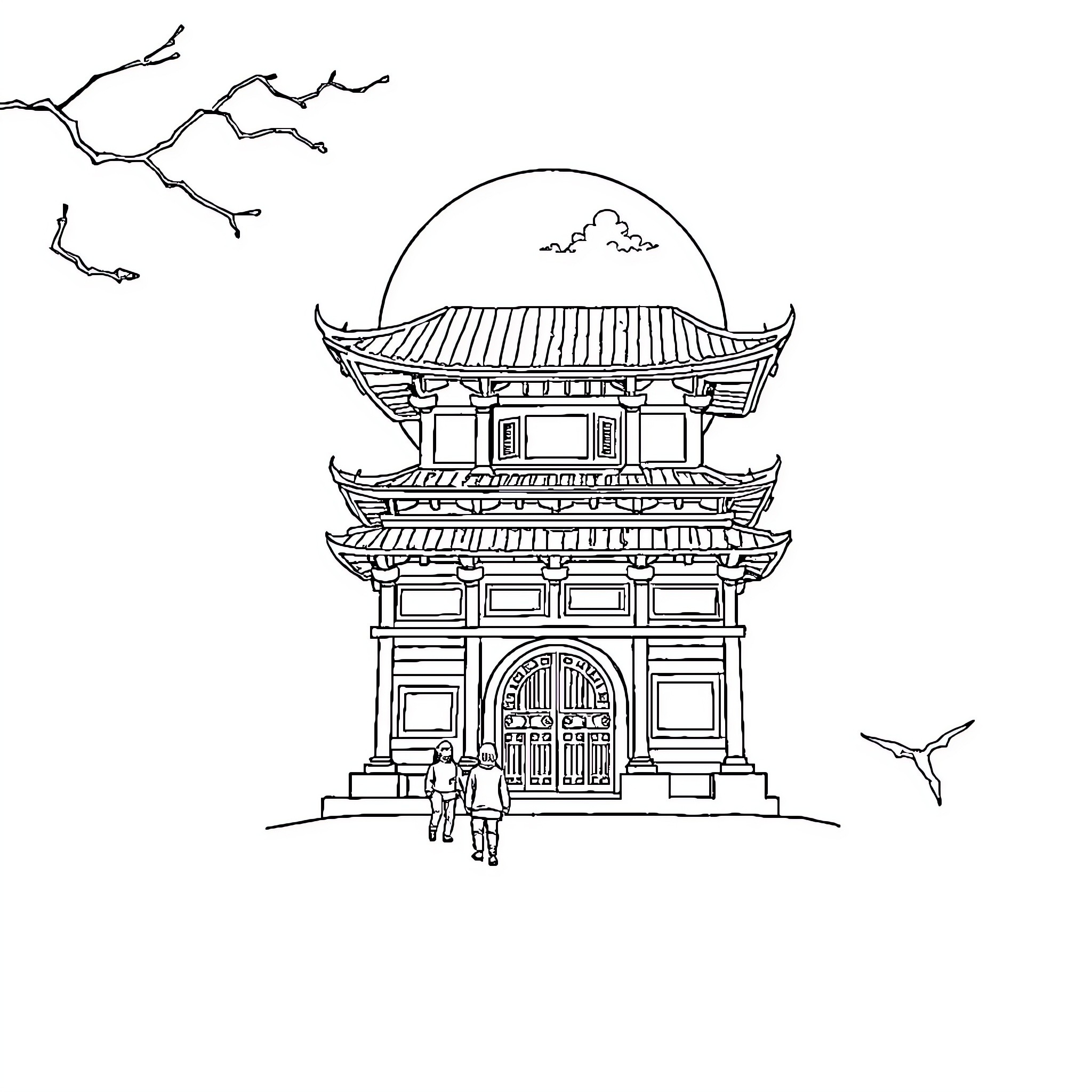 Laborer walking towards ornate building in landscape Coloring Page (free black-and-white line drawing printable PDF for all, from beginners to advanced learners, including children, teens, adults, and seniors)