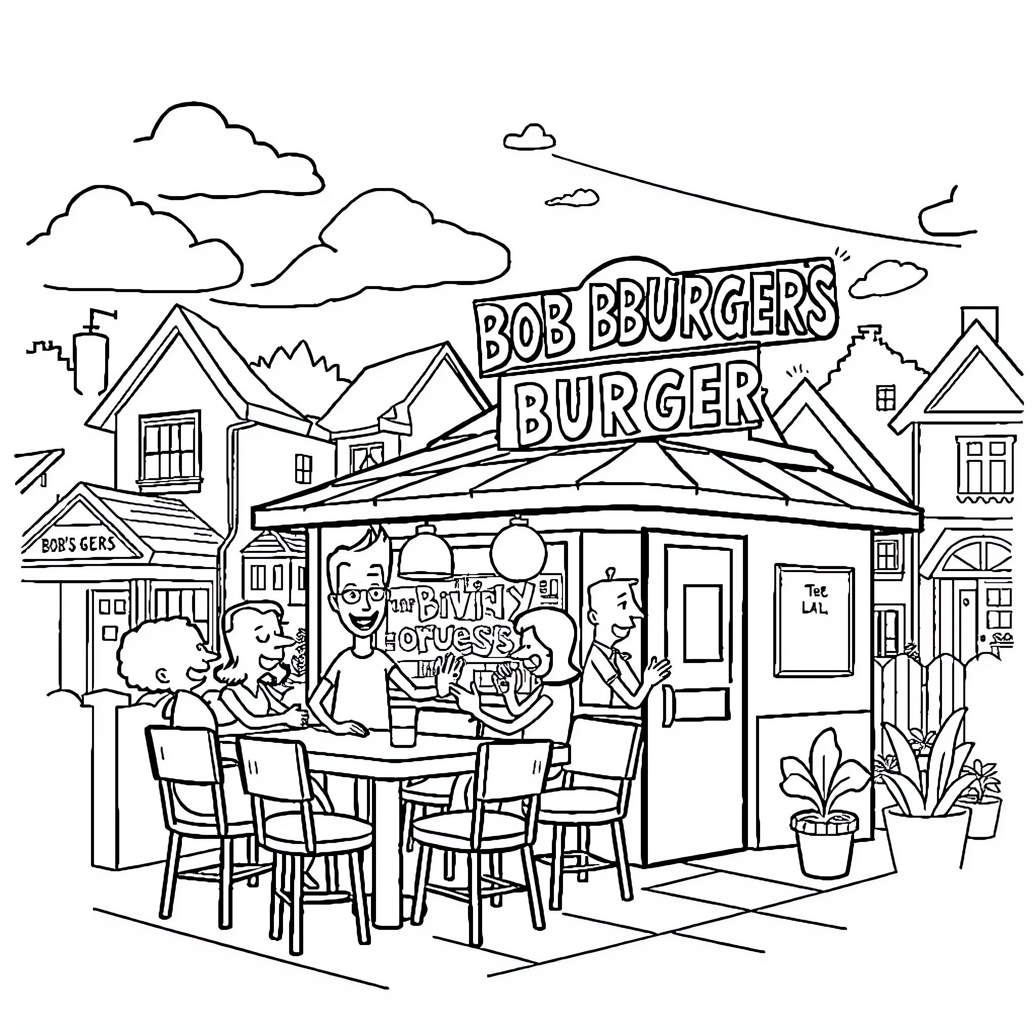 Burger joint with customers enjoying their meals outdoors Coloring Page (free black-and-white line drawing printable PDF for all, from beginners to advanced learners, including children, teens, adults, and seniors)