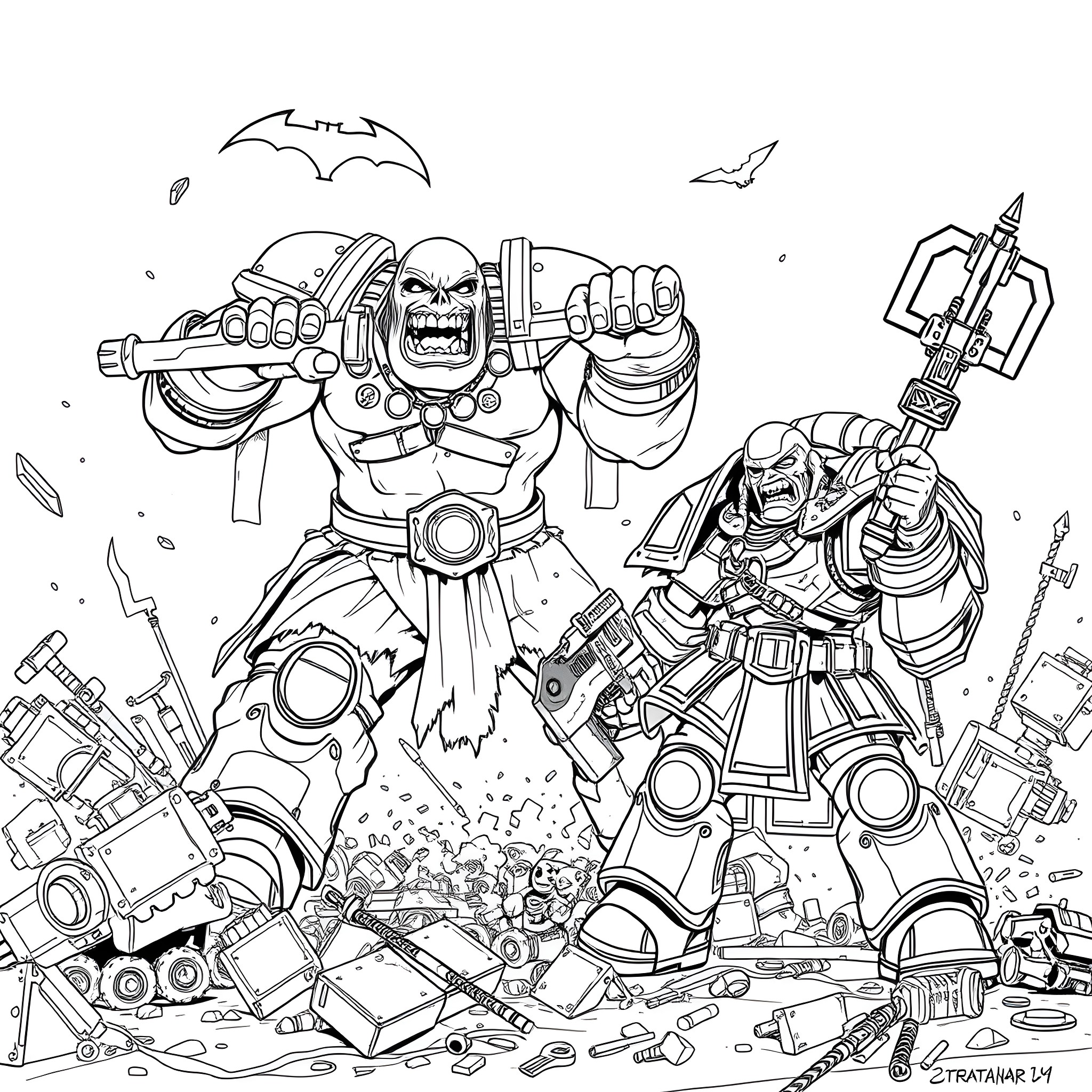 Warhammer warriors in fierce battle Coloring Page (free black-and-white line drawing printable PDF for all, from beginners to advanced learners, including children, teens, adults, and seniors)